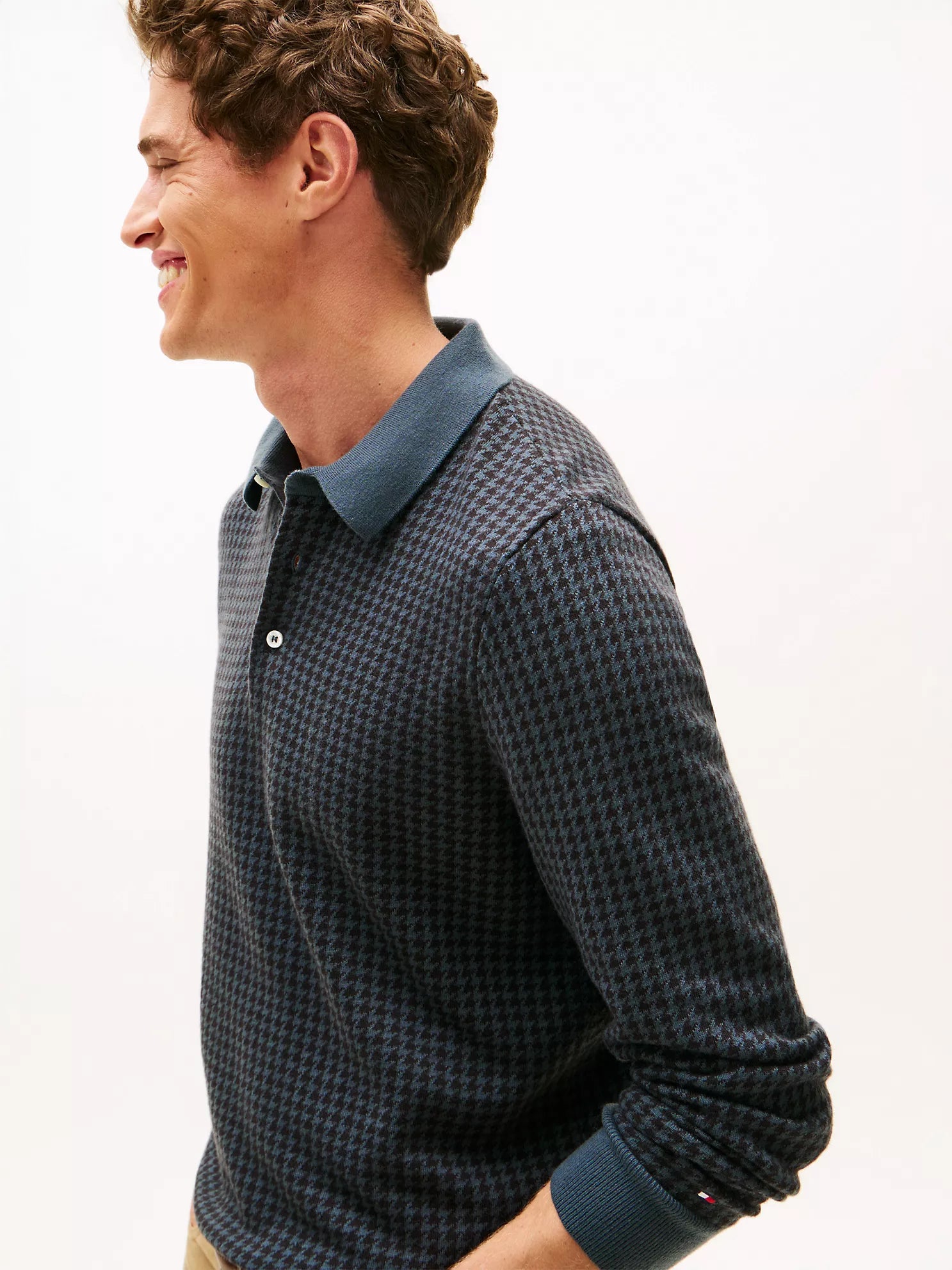 Tommy MENS' Houndstooth Wool-Blend Sweater Polo Military Denim