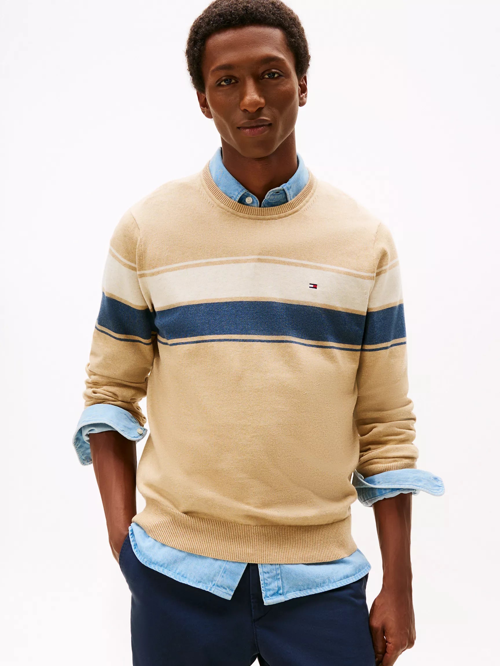 MENS' TOMMY Block-Stripe Crewneck Sweater  /BEIGE