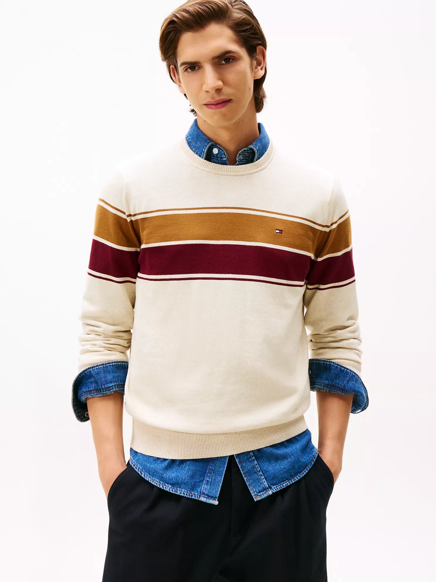 Tommy MENS' Block-Stripe Crewneck Sweater Ivory Heather