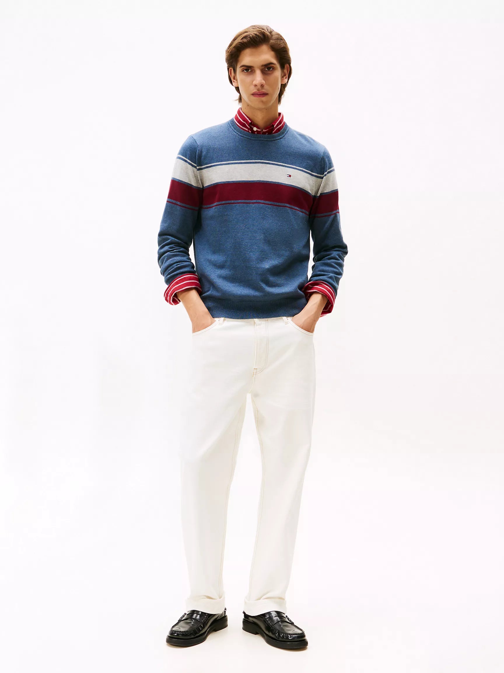 MENS' TOMMY Block-Stripe Crewneck Sweater  /Blue Heather