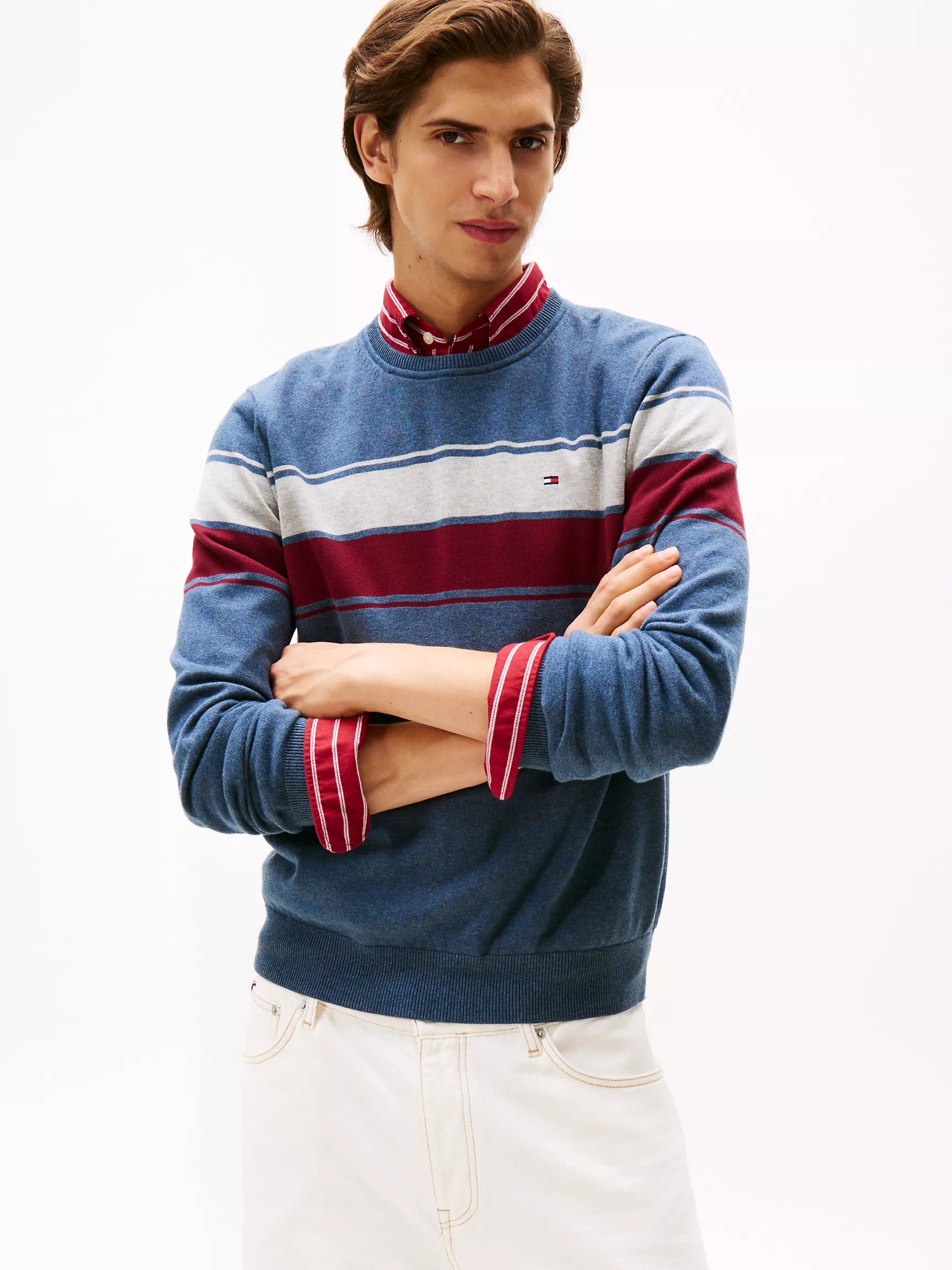 MENS' TOMMY Block-Stripe Crewneck Sweater  /Blue Heather