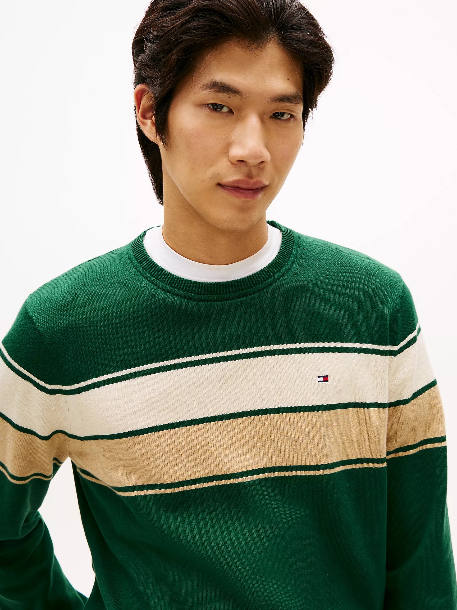 Tommy MENS' Block-Stripe Crewneck Sweater Ornamental Green