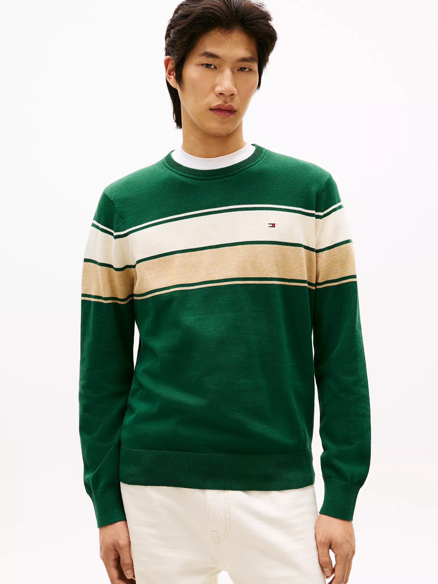 Tommy MENS' Block-Stripe Crewneck Sweater Ornamental Green