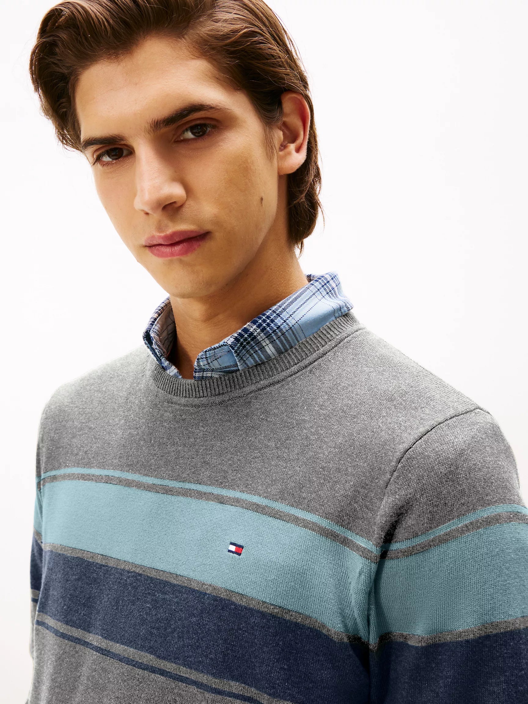 MENS' TOMMY Block-Stripe Crewneck Sweater  /Medium Grey Heather