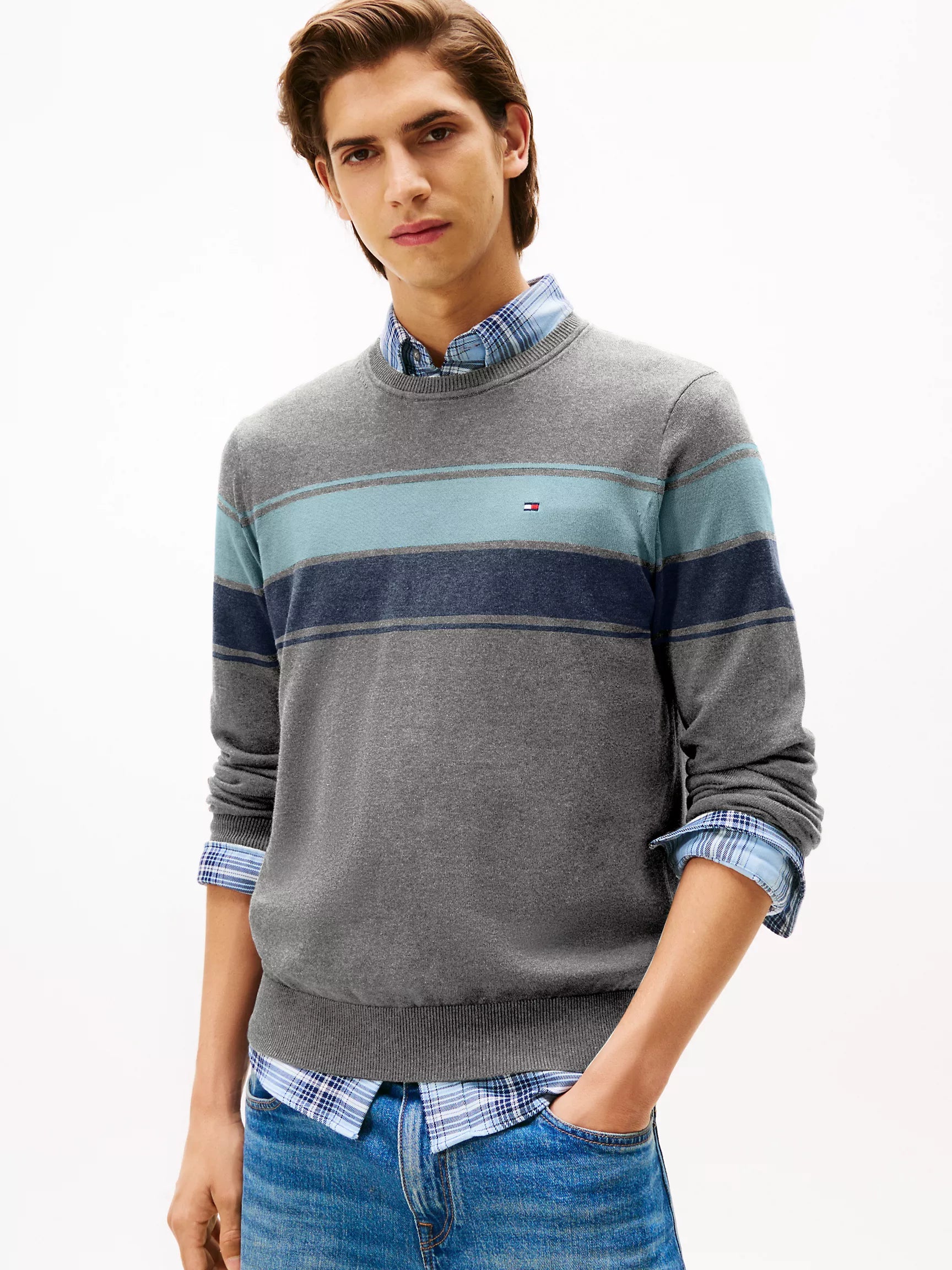 MENS' TOMMY Block-Stripe Crewneck Sweater  /Medium Grey Heather
