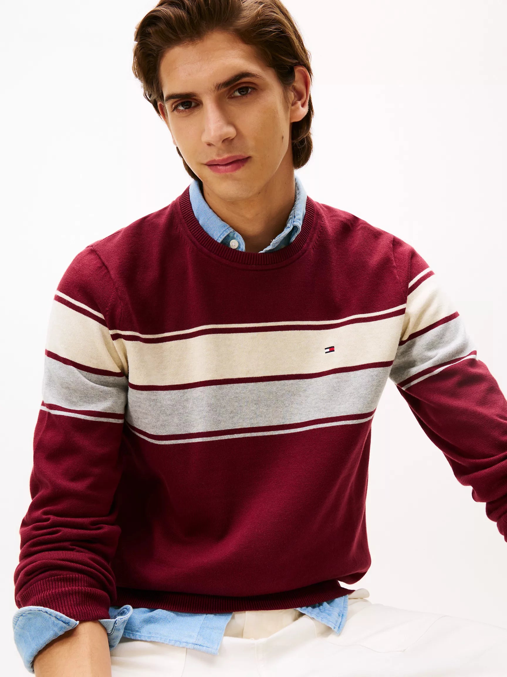 MENS' TOMMY Block-Stripe Crewneck Sweater  /Deep Rouge