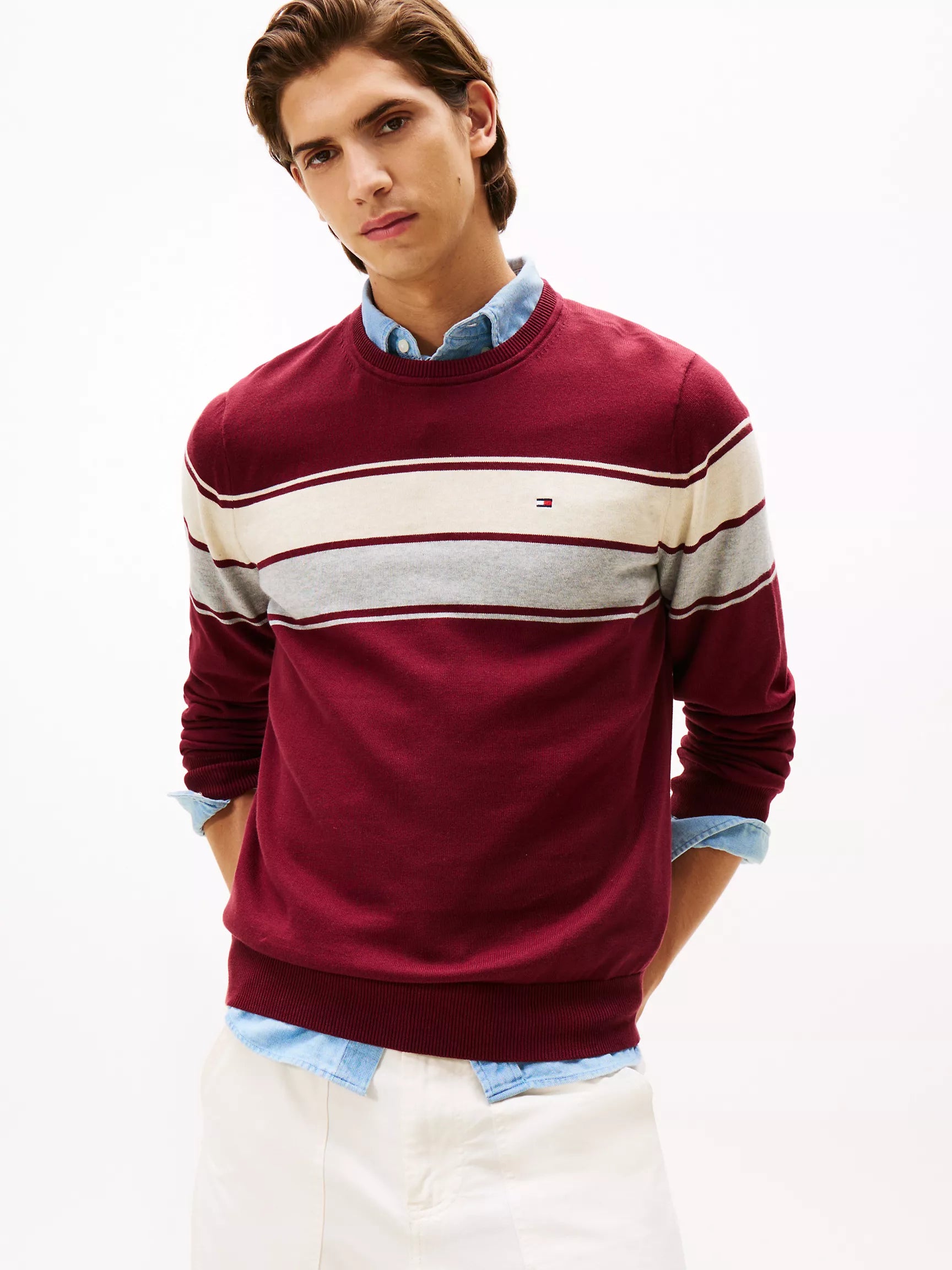 MENS' TOMMY Block-Stripe Crewneck Sweater  /Deep Rouge