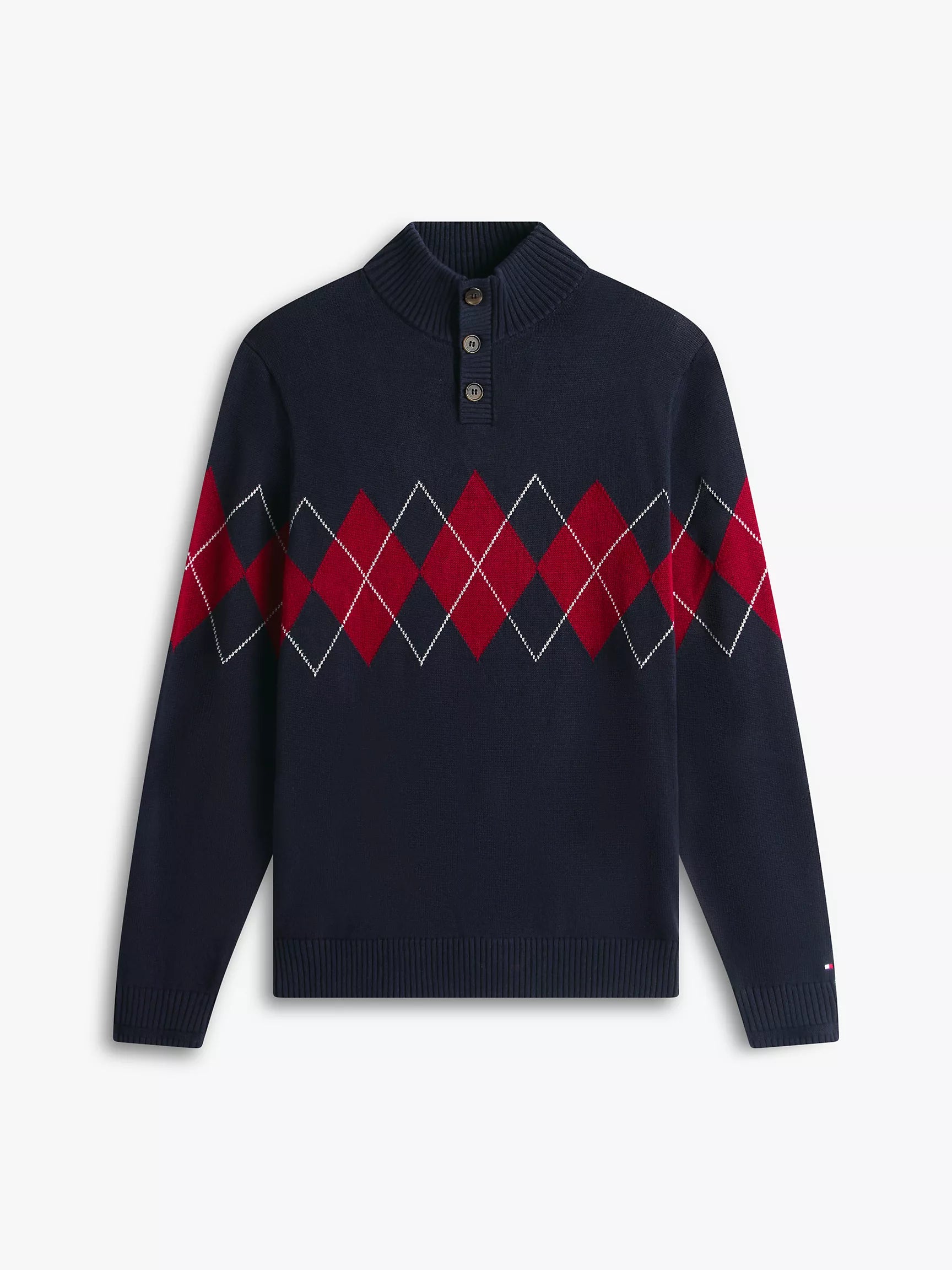 Tommy Mens' Argyle Quarter-Button Mockneck Sweater Navy
