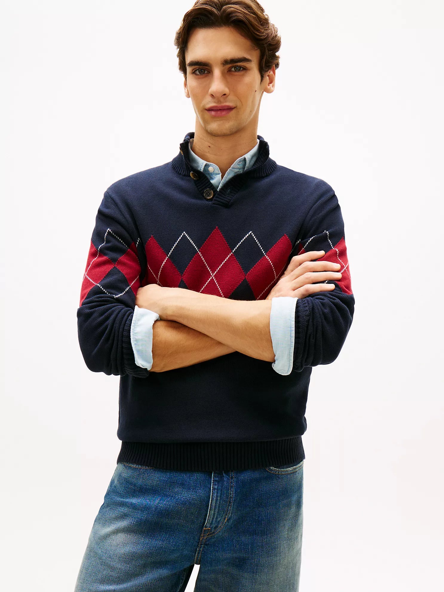 Tommy Mens' Argyle Quarter-Button Mockneck Sweater Navy