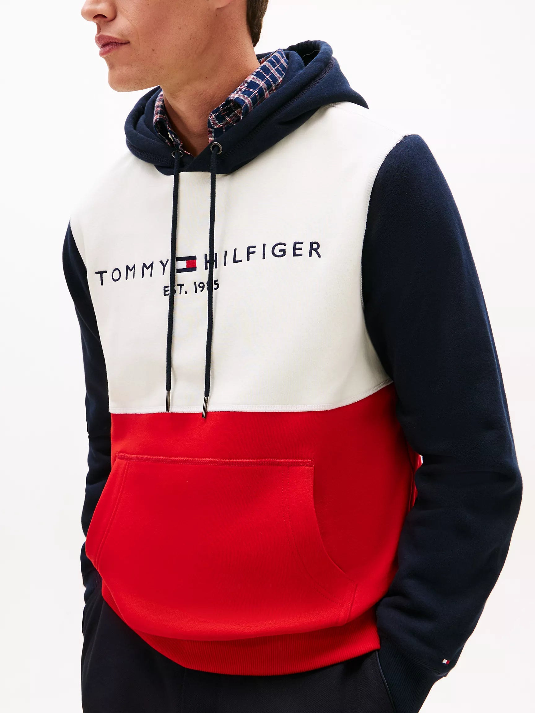 Tommy Mens' Colorblock Brushed-Fleece Hoodie Navy