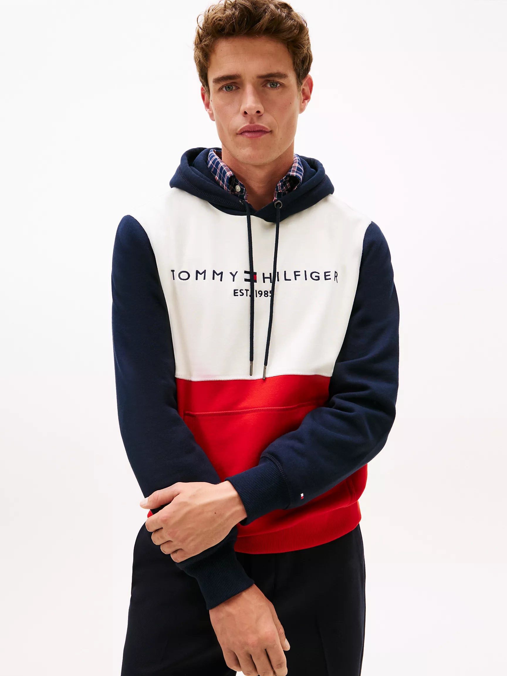 Tommy Mens' Colorblock Brushed-Fleece Hoodie Navy