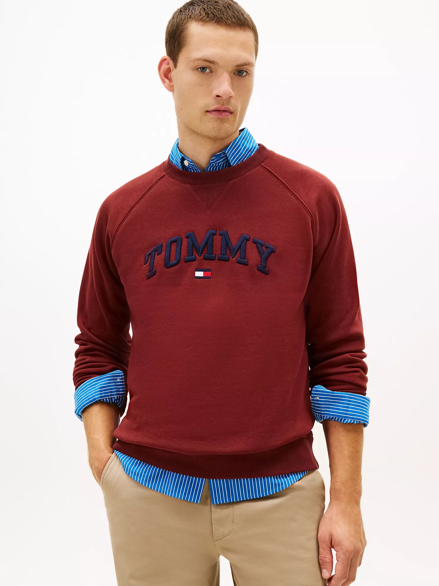 Tommy Hilfiger MENS' Varsity Tommy Logo Fleece Sweatshirt Carmine Rust