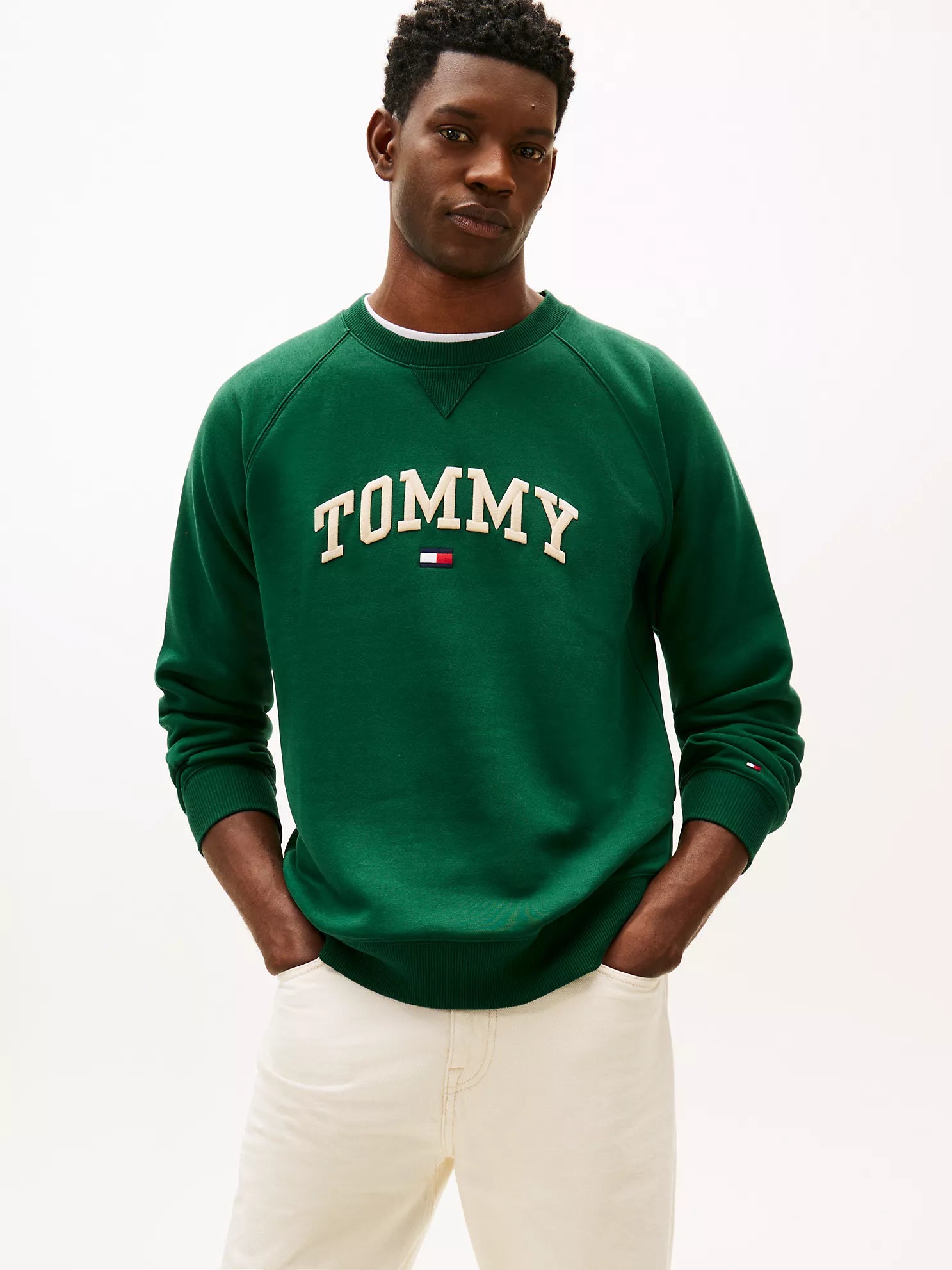 Tommy Hilfiger MENS' Varsity Tommy Logo Fleece Sweatshirt ٍOrnamental Green