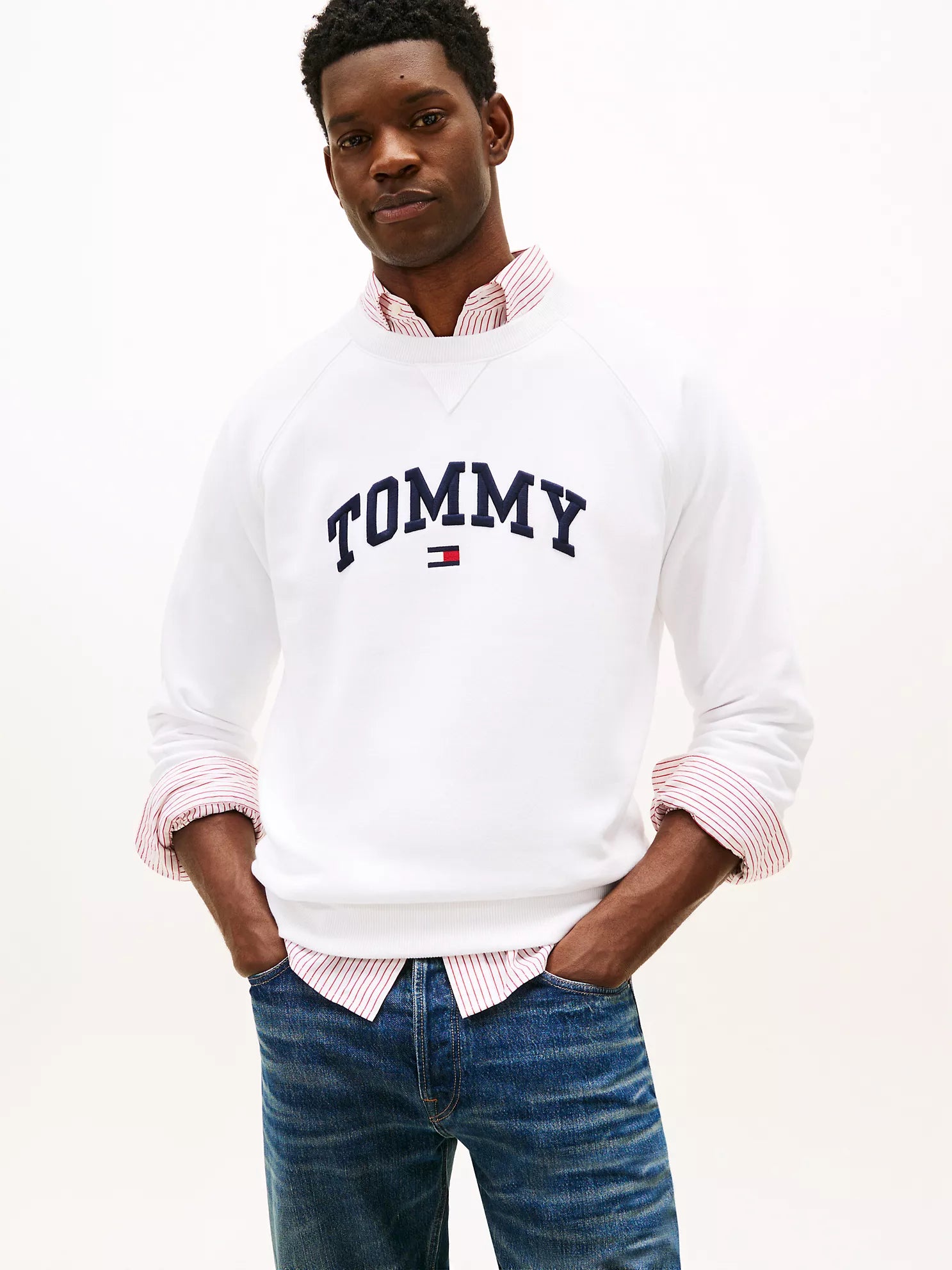 Tommy Hilfiger MENS' Varsity Tommy Logo Fleece Sweatshirt Optic White