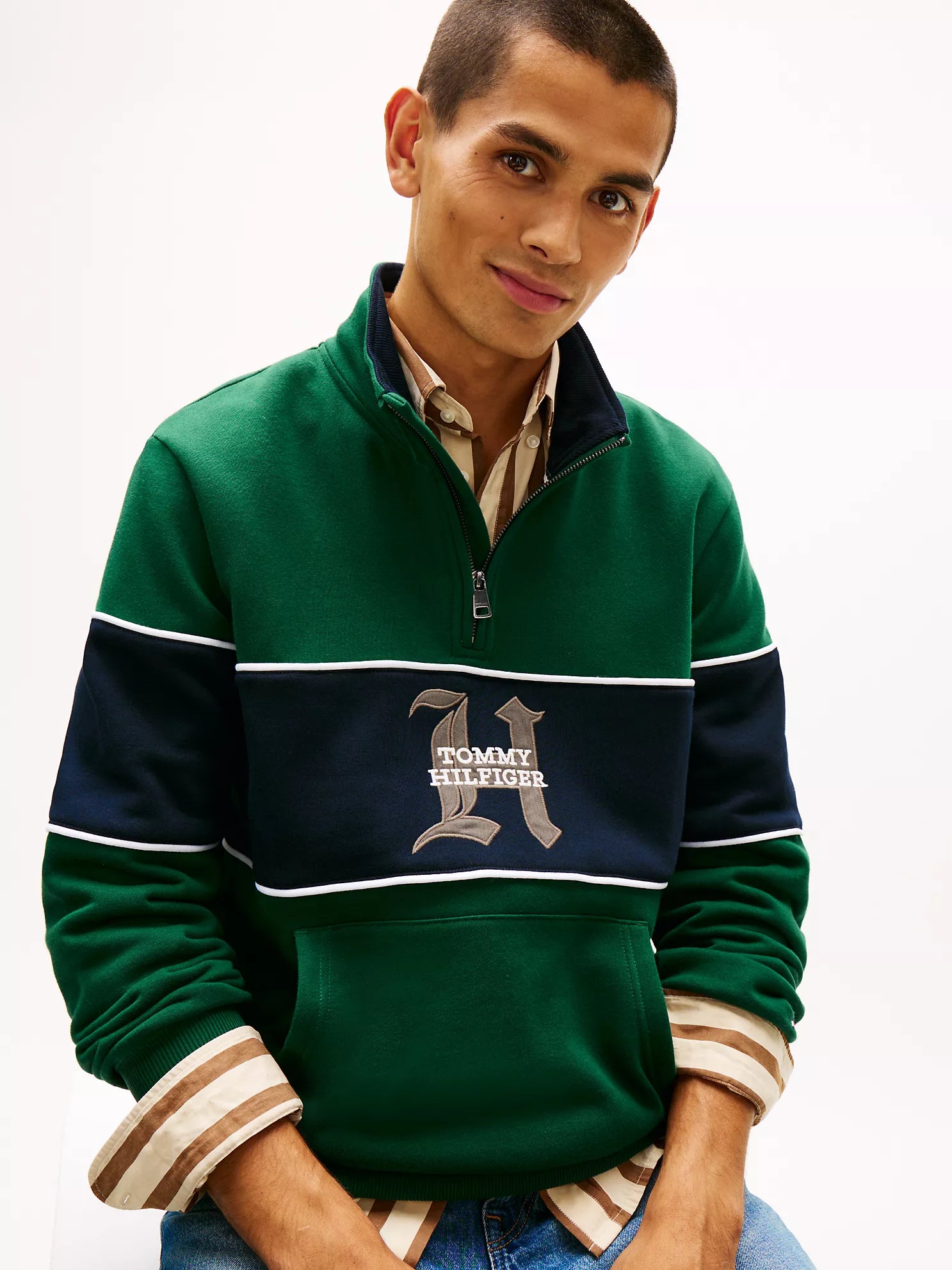 Tommy Hilfiger MENS' Block Stripe Logo Quarter-Zip Sweatshirt Ornamental Green