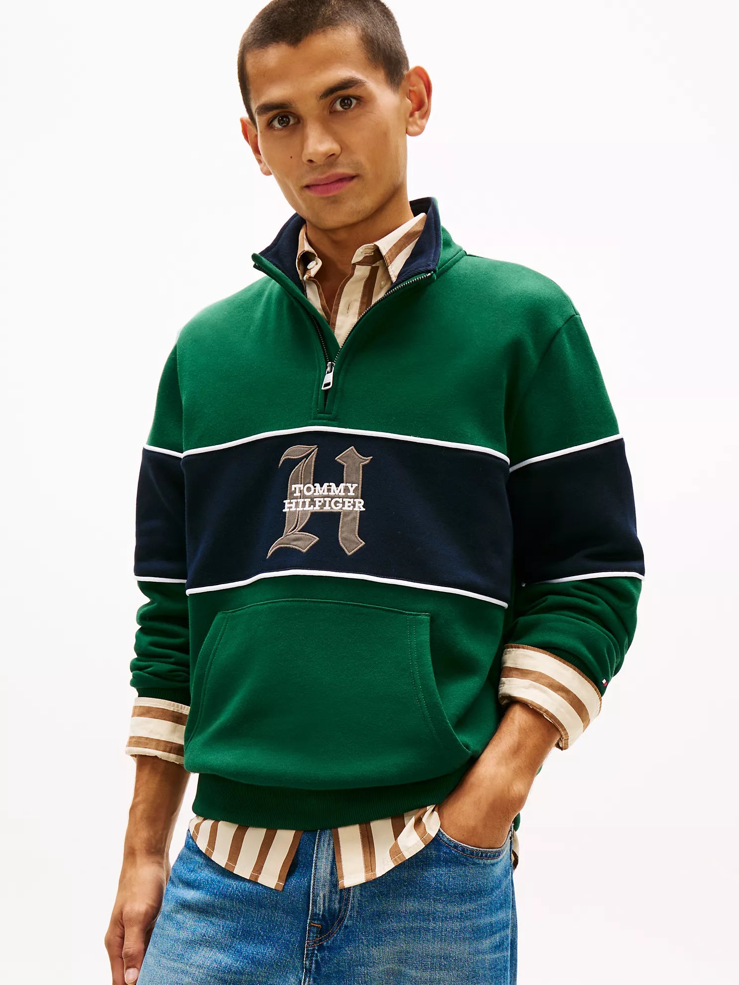Tommy Hilfiger MENS' Block Stripe Logo Quarter-Zip Sweatshirt Ornamental Green