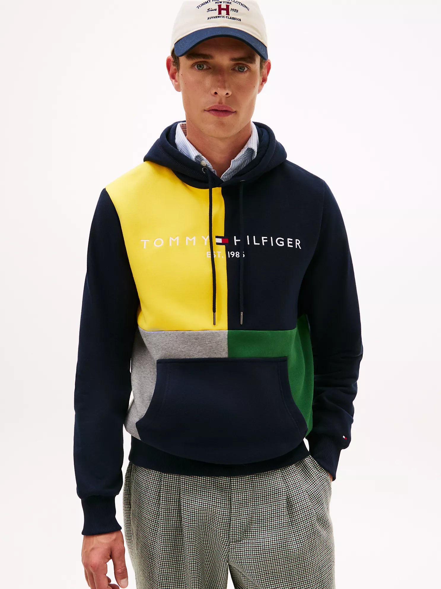 Tommy Mens' Quarter Colorblock Brushed-Fleece Hoodie Navy