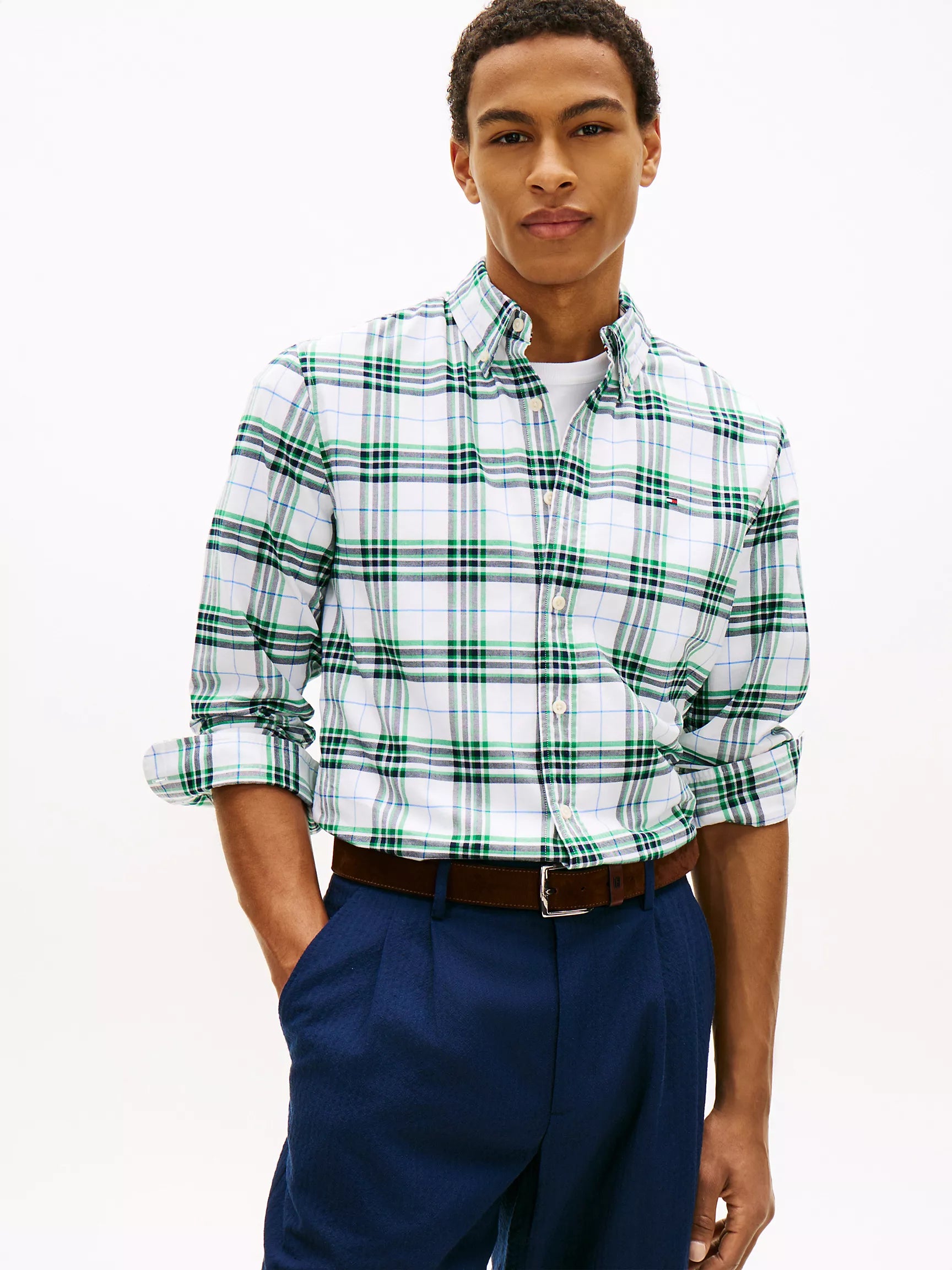 Regular Fit Plaid Stretch Oxford Shirt-Olympic Green/White