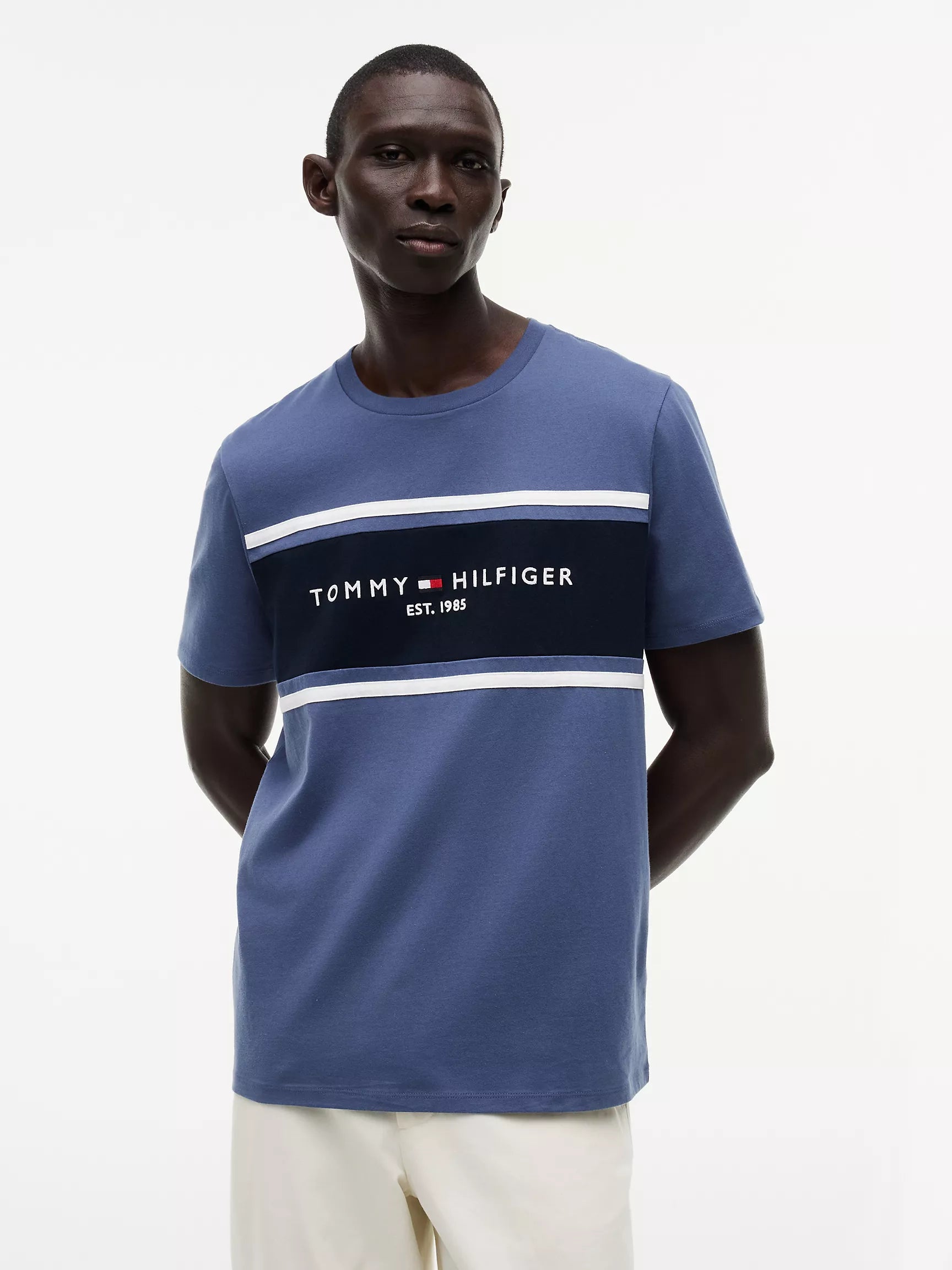 Hilfiger Block Men's Stripe Logo T-Shirt-Faded Indigo