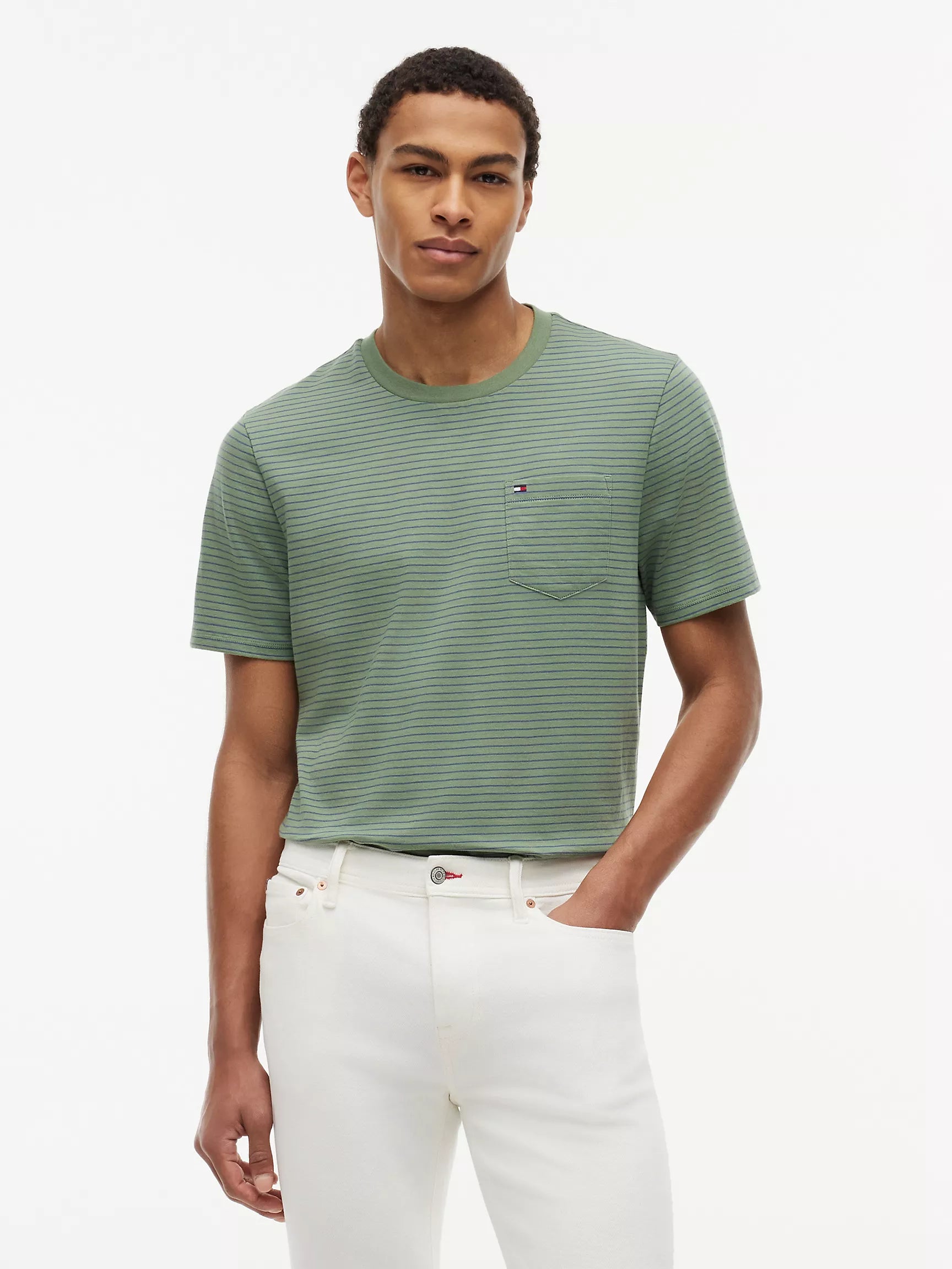 Tommy Hilfiger Men's Striped Pocket T-Shirt-Desert Olive Stripe