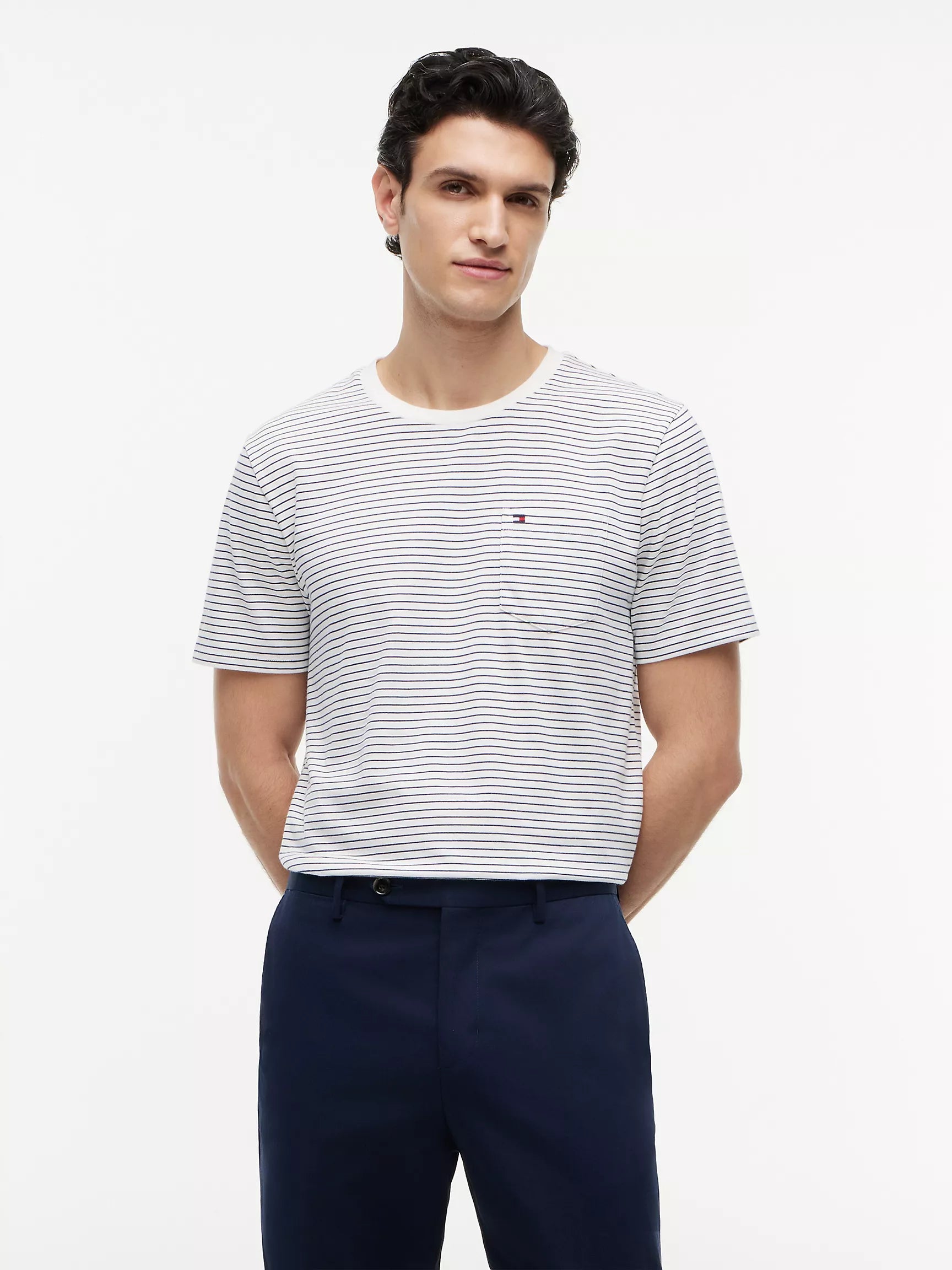 Tommy Hilfiger Men's Striped Pocket T-Shirt-Ivory Silk Stripe
