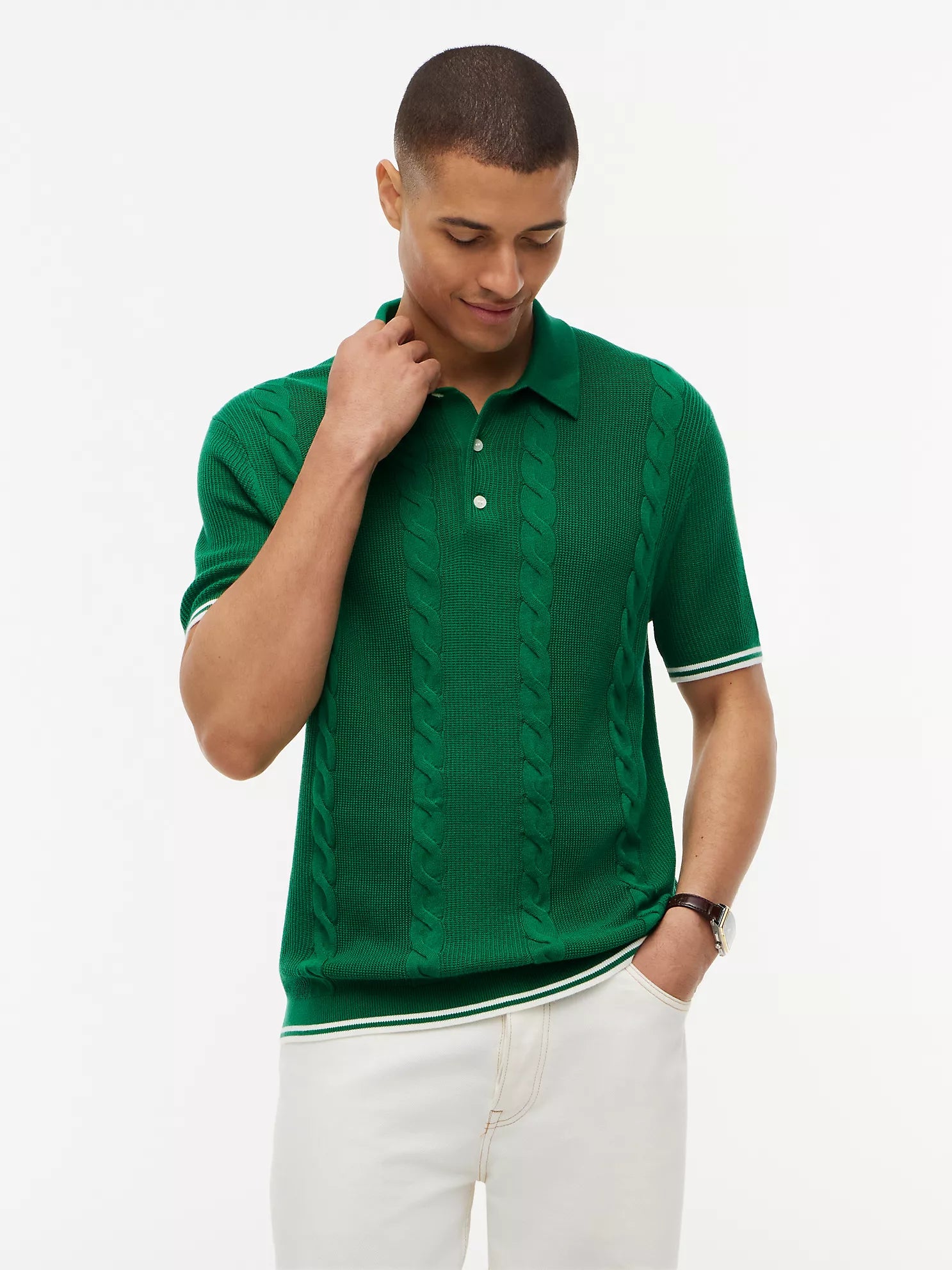 Tommy Men's Short-Sleeve Cable Knit Sweater Polo-Nocturnal Green
