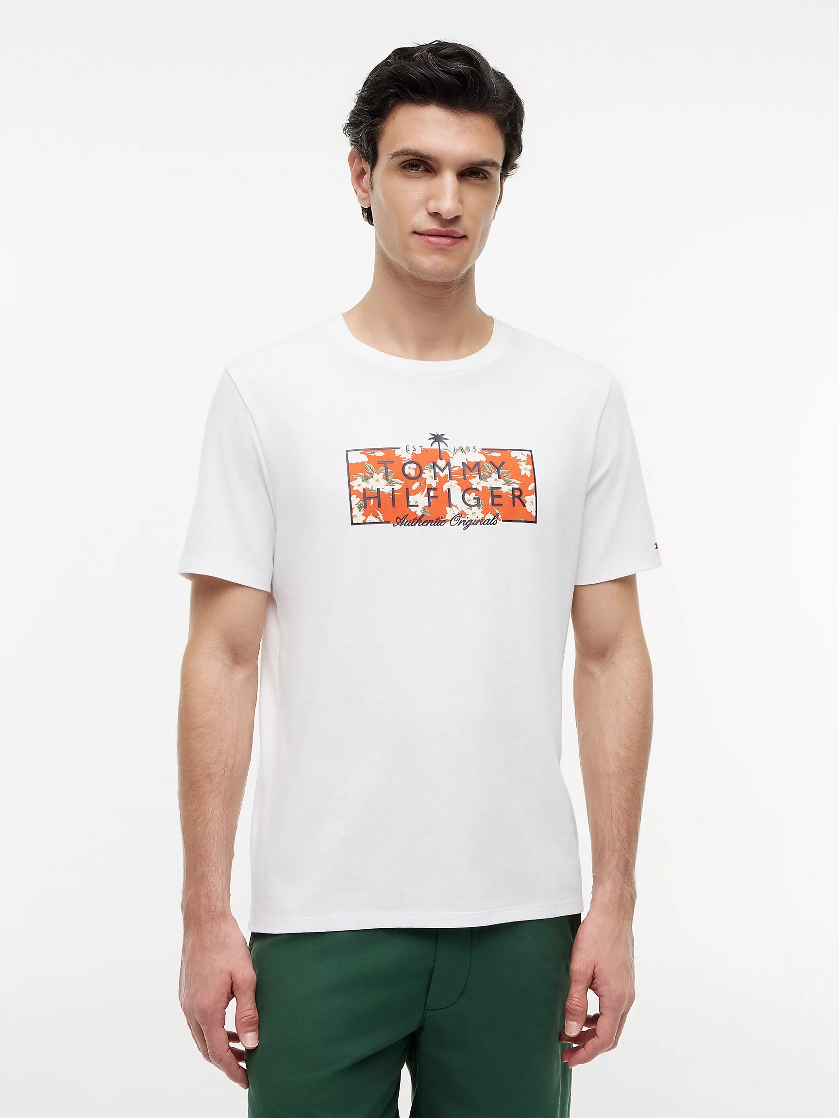 Tommy Men's Tropical Floral Logo T-Shirt-Optic White