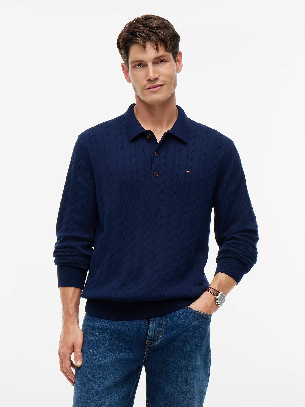 Tommy Long-Sleeve Cable Knit Sweater Polo-Burgundy