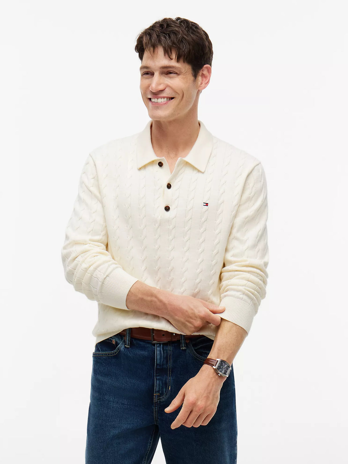 Tommy Long-Sleeve Cable Knit Sweater Polo-Rich Cream