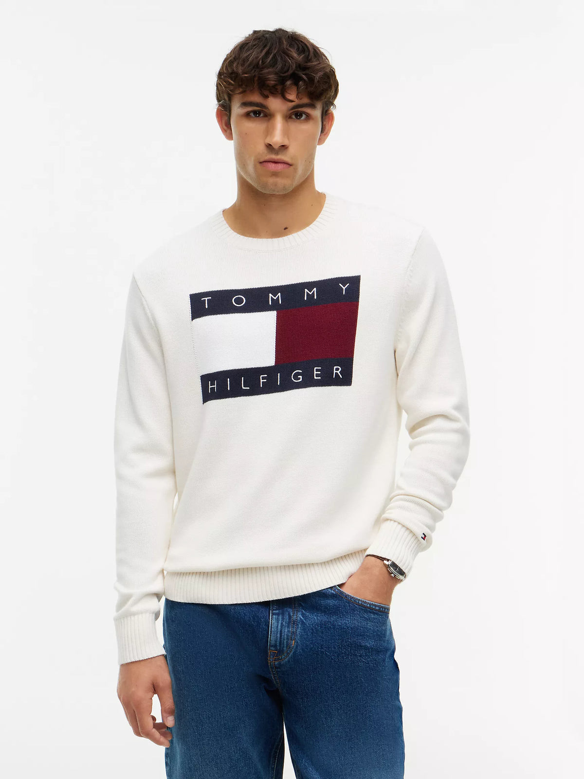 Tommy Intarsia Flag Logo Crewneck Sweater- Ivory Petal