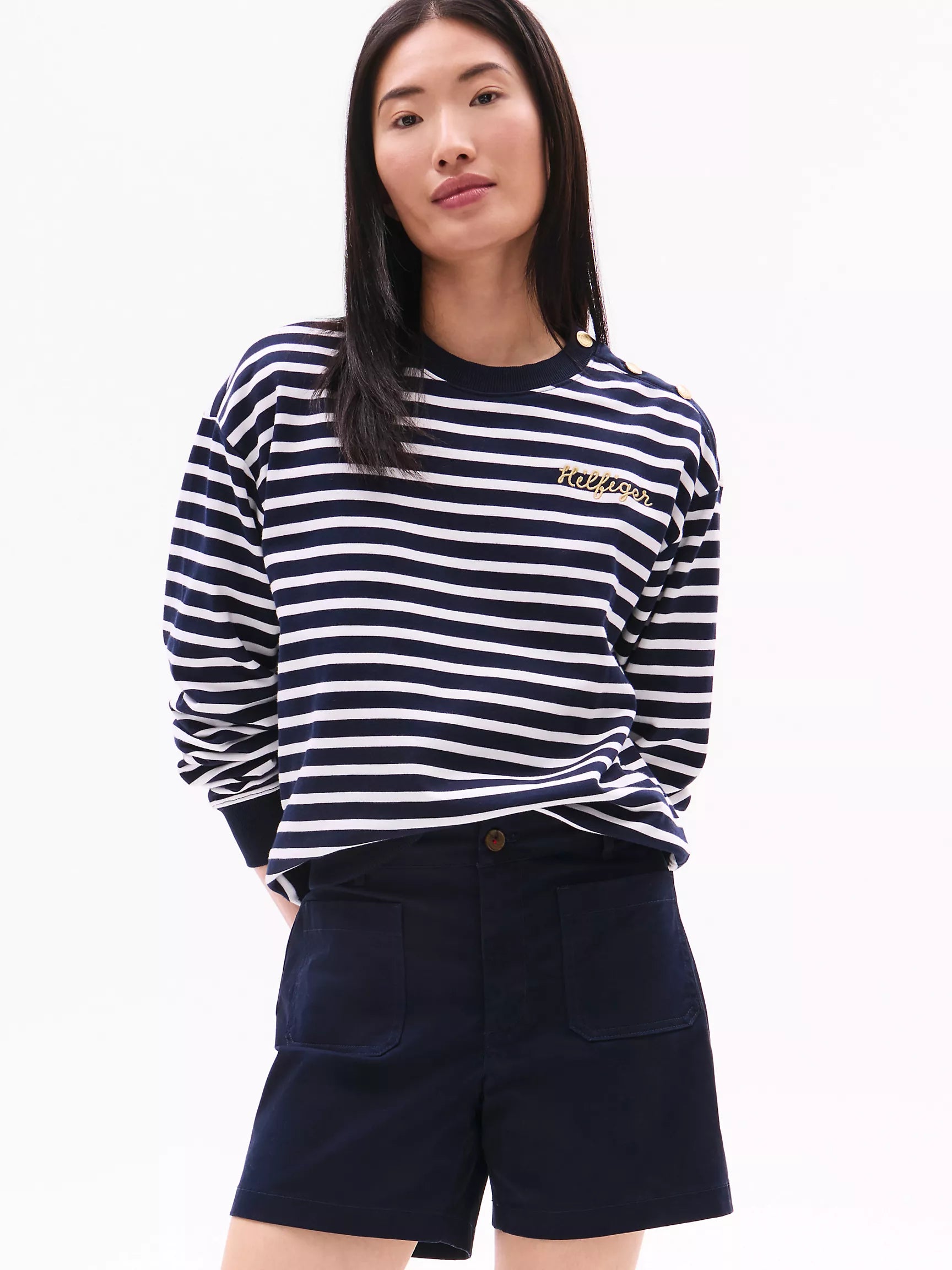 TOMMY HILFIGER  Gold Button Stripe Sweatshirt Navy Multi