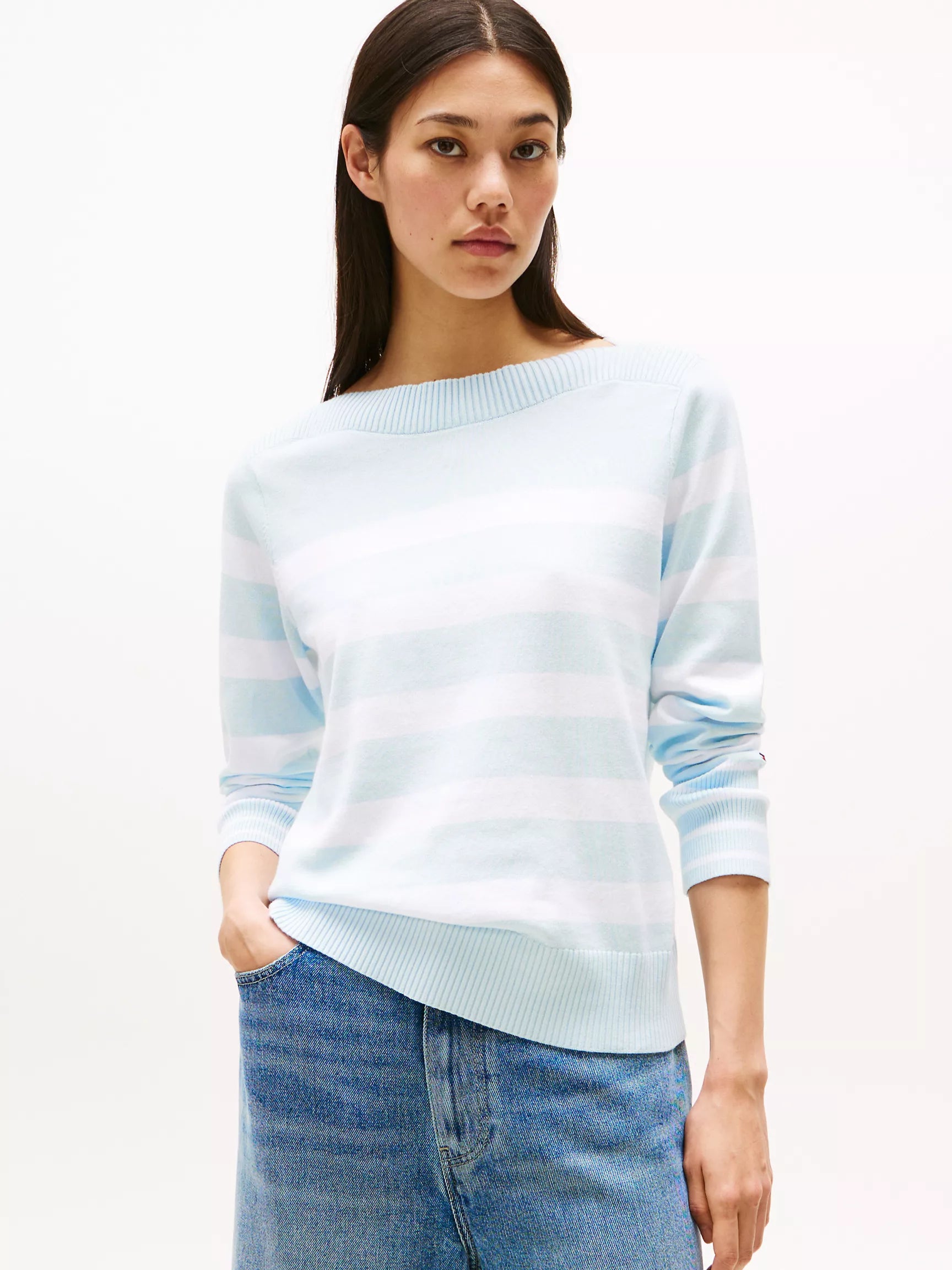 TOMMY WOMENS' Stripe Boatneck Sweater/Keepsake Blue Multi Stripe