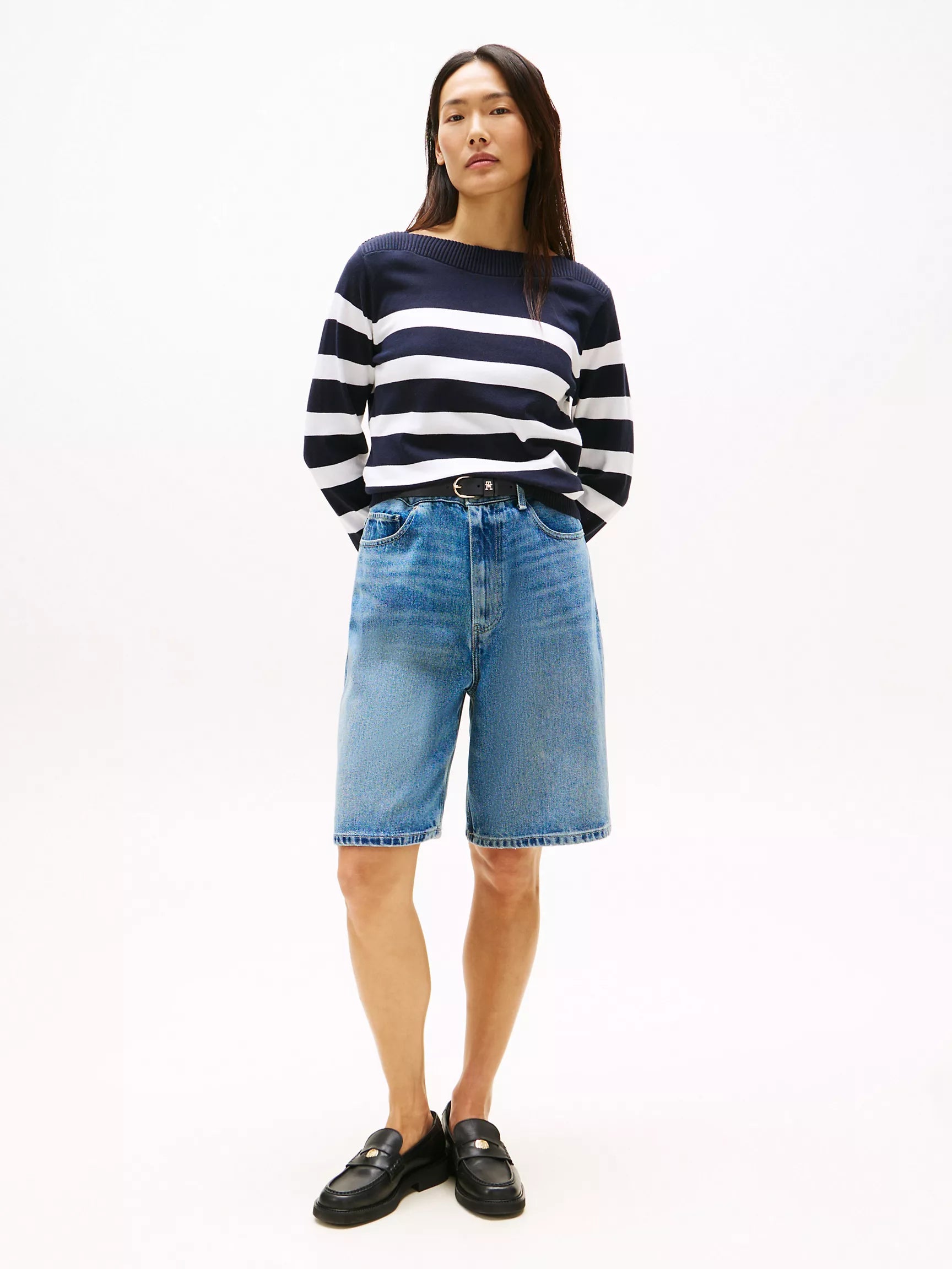 TOMMY WOMENS' Stripe Boatneck Sweater/Navy Stripe