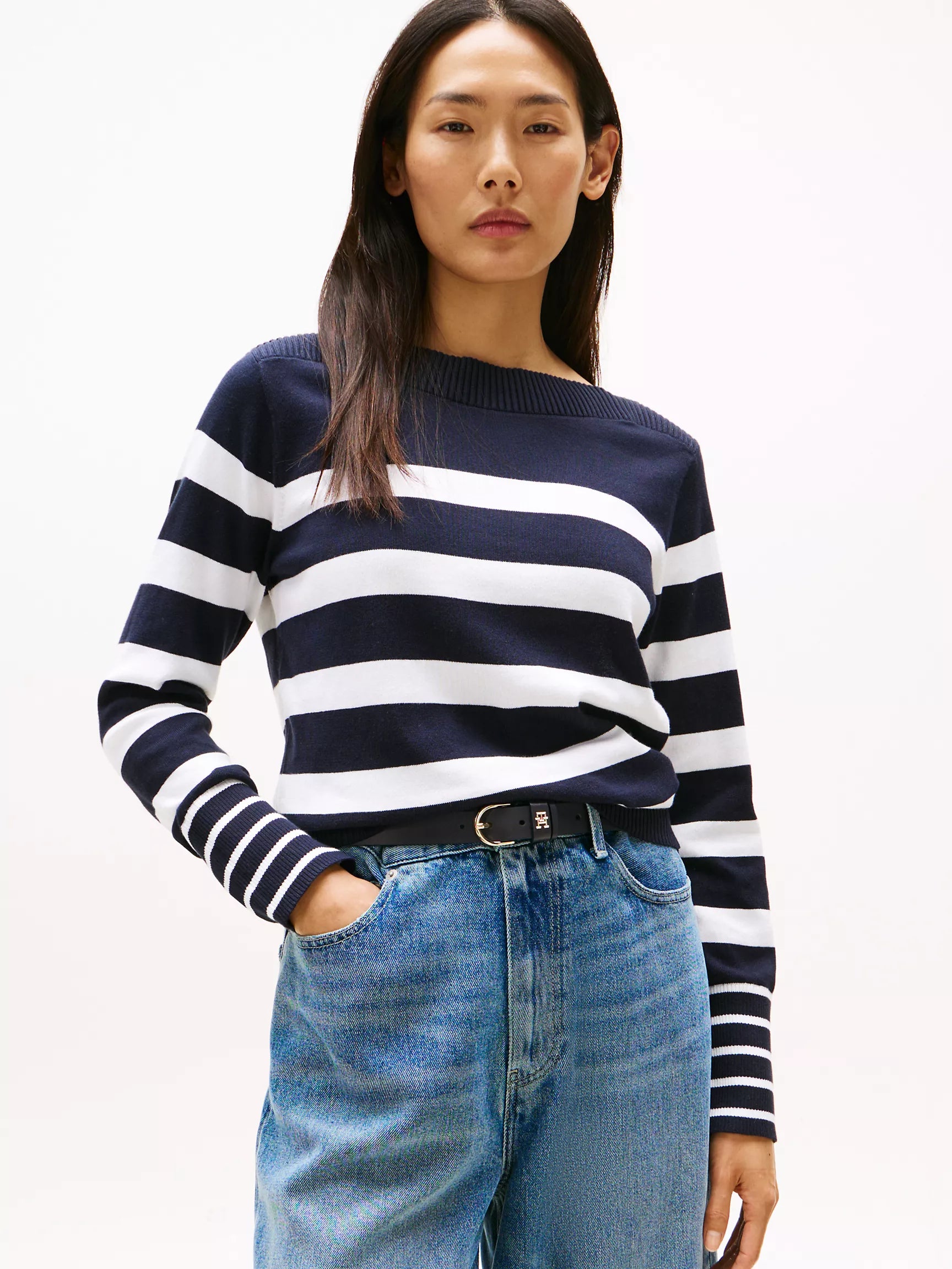 TOMMY WOMENS' Stripe Boatneck Sweater/Navy Stripe