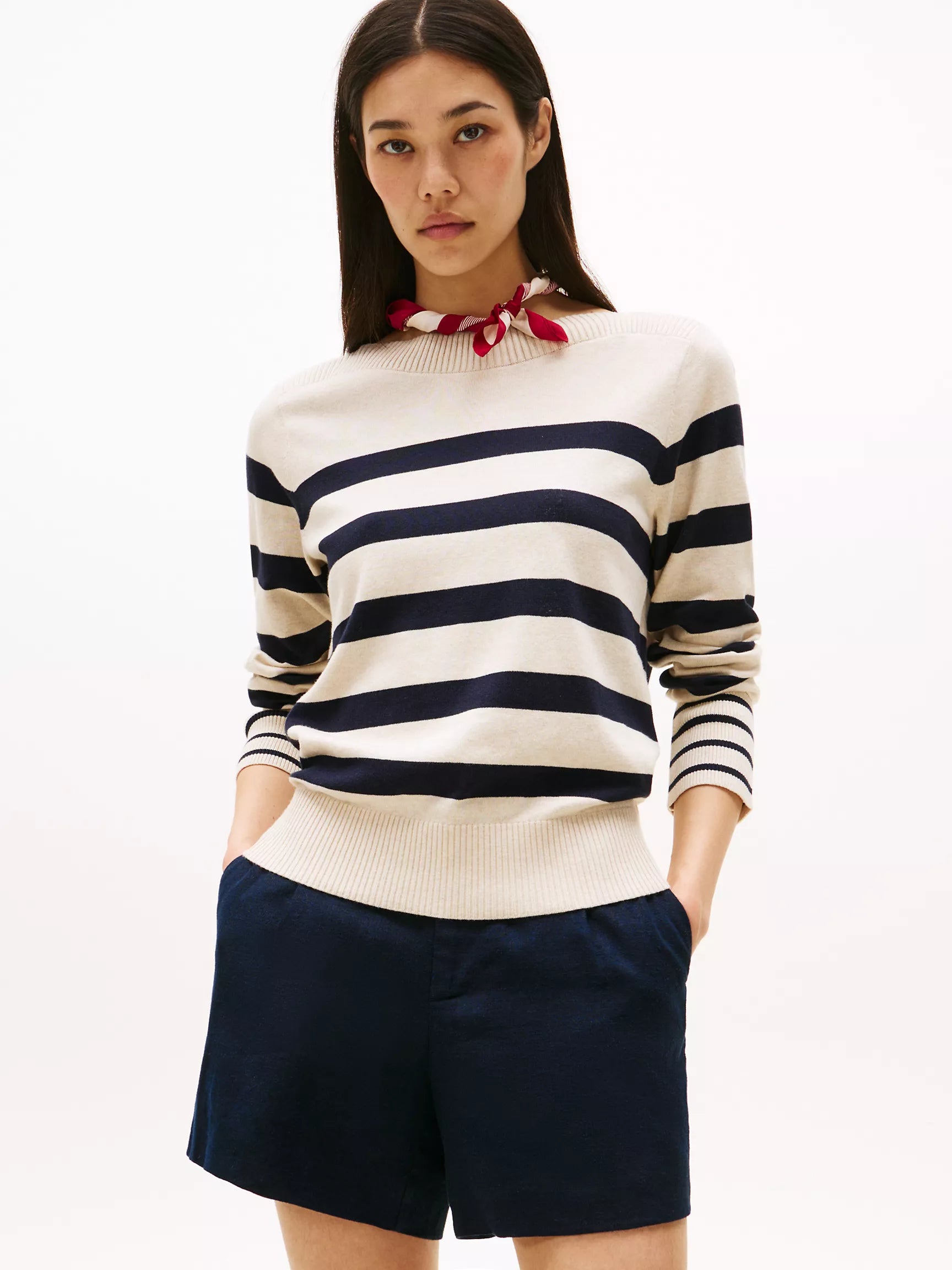 TOMMY WOMENS' Stripe Boatneck Sweater/Beige Heather Stripe