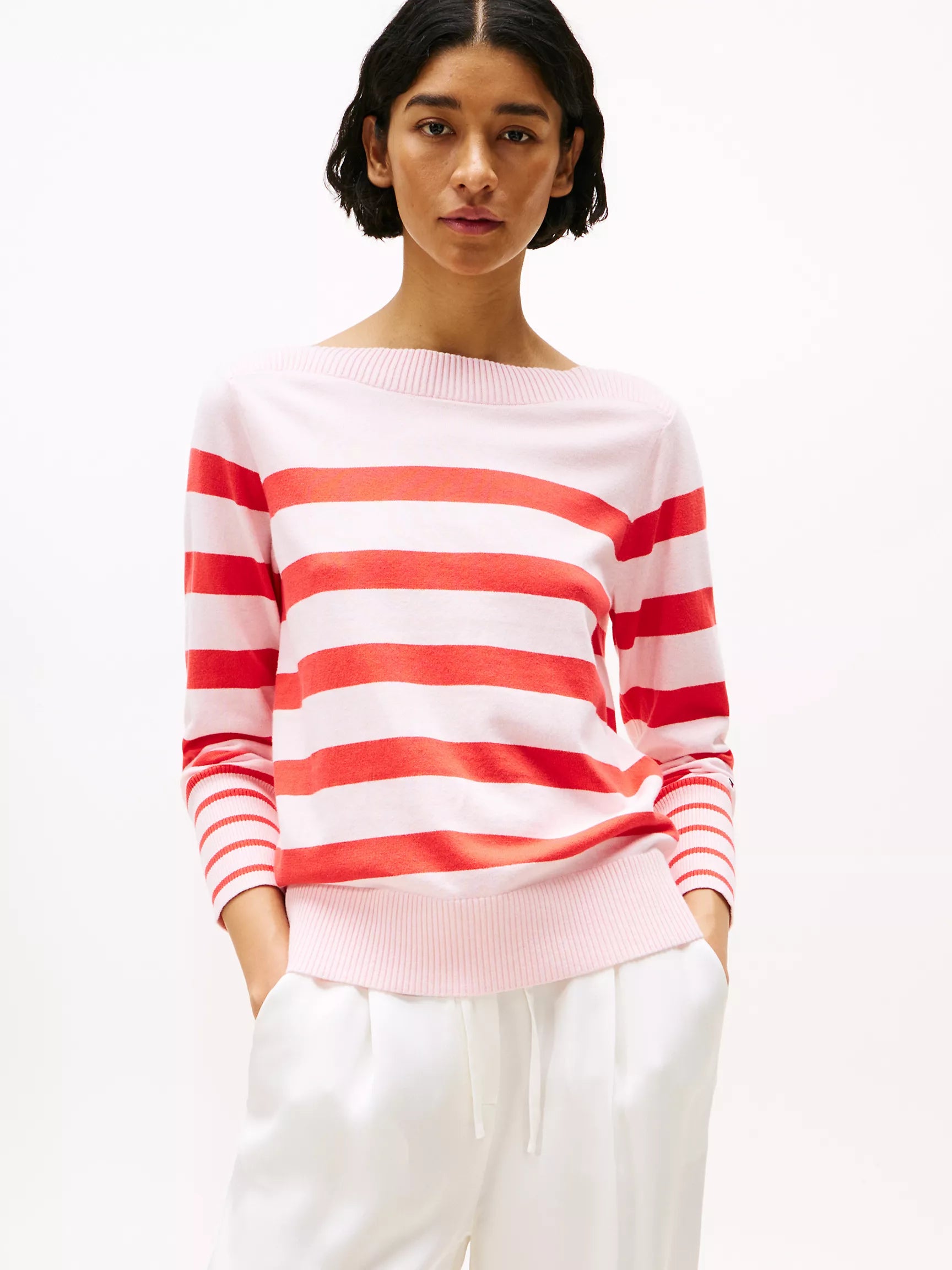 TOMMY WOMENS' Stripe Boatneck Sweater/ Pink Stripe