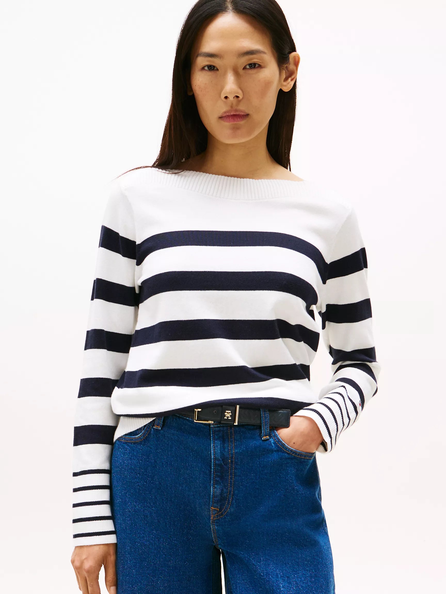 TOMMY WOMENS' Stripe Boatneck Sweater/Ecru Stripe