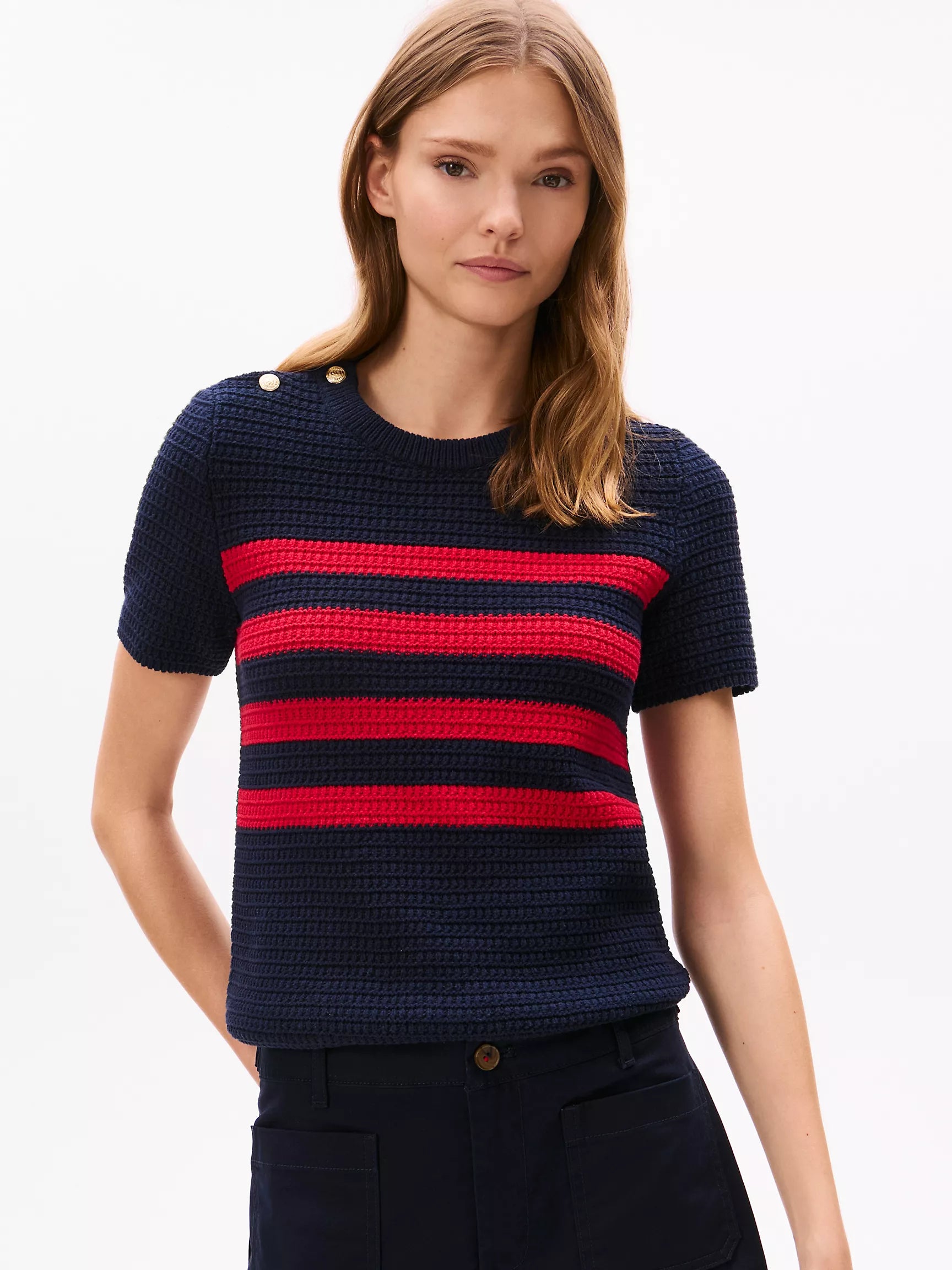 Women Tommy Gold Button Textured Knit Sweater/Navy Multi