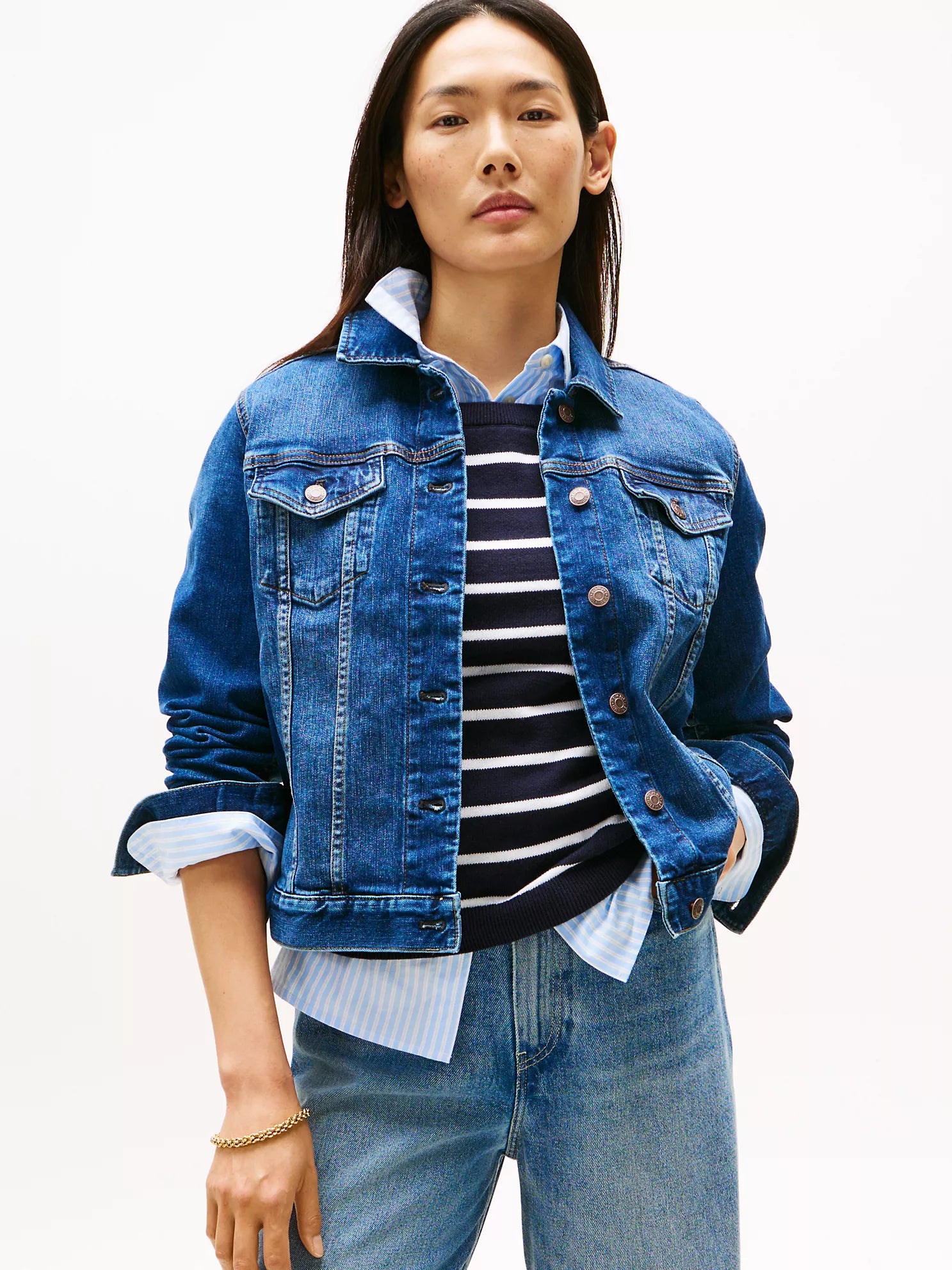 TOMMY WOMENS' Slim Fit Dark Wash Stretch-Denim Jacket