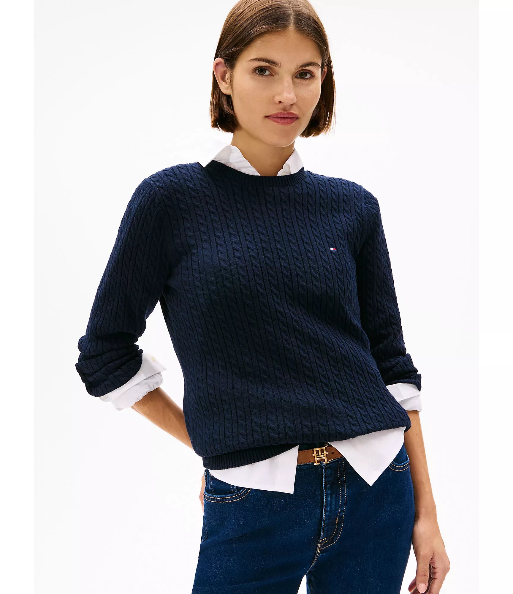 WOMENS' TOMMY Cable Knit Sweater-Navy