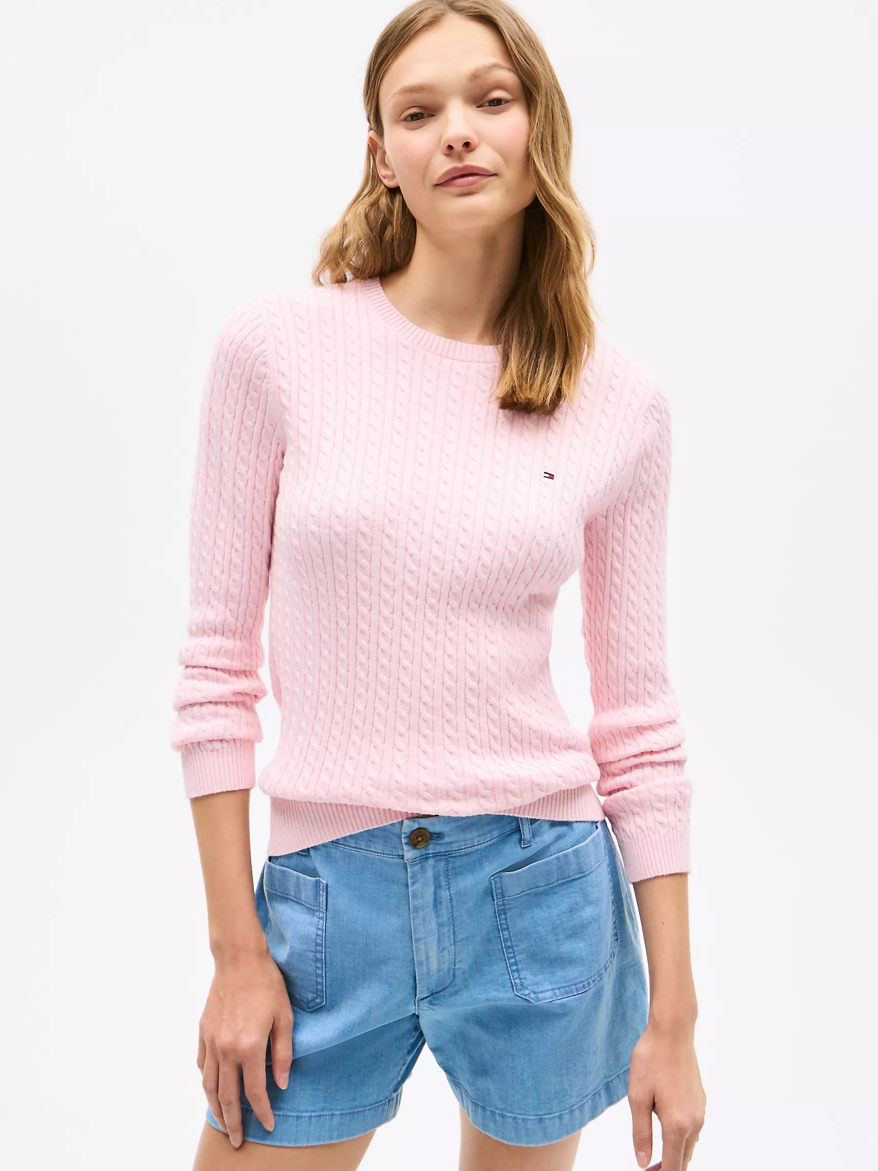 WOMENS' TOMMY Cable Knit Sweater-Pink Heather