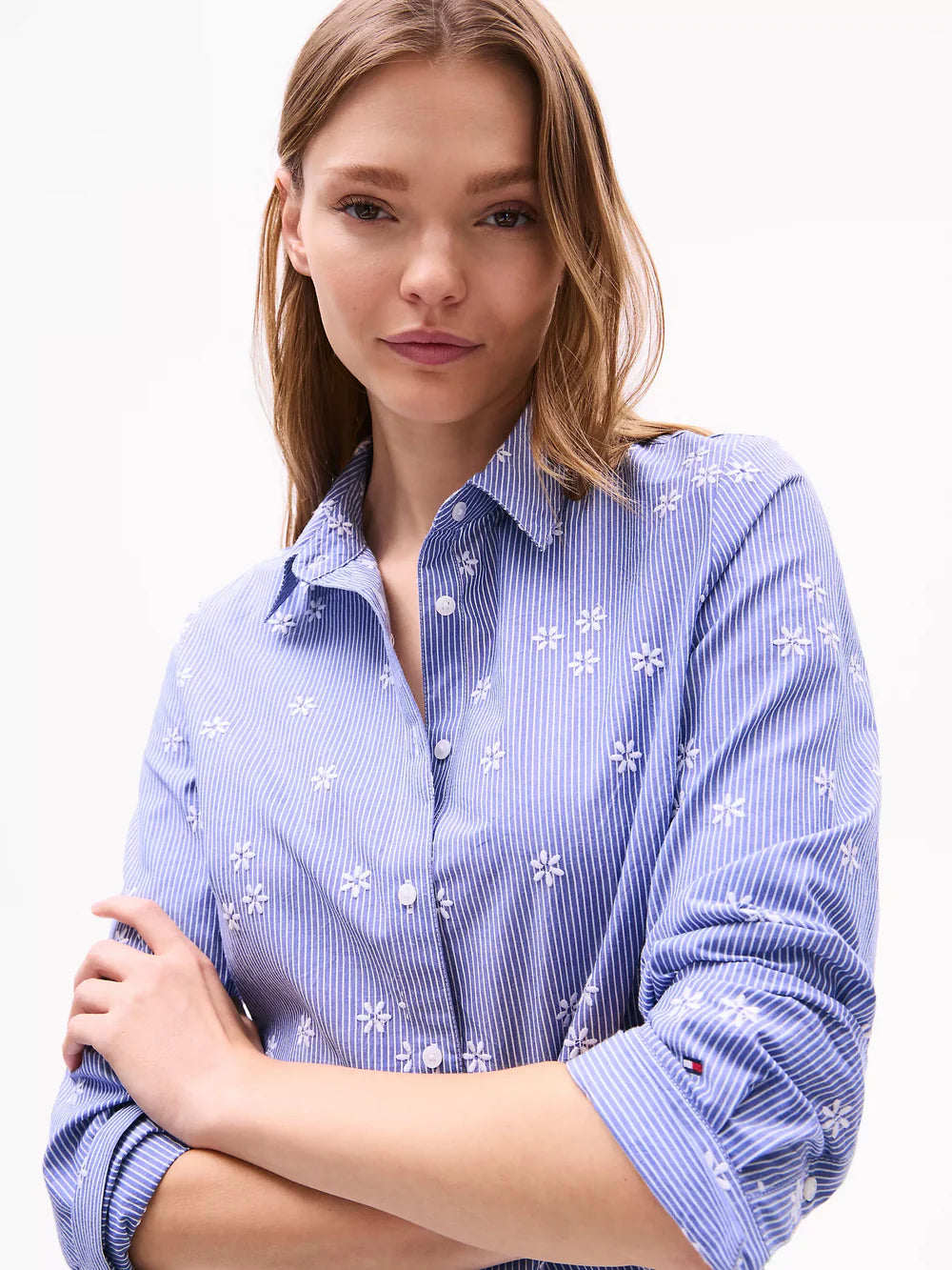 Women Tommy Embroidered Flower Stripe Shirt/ Bright Marina