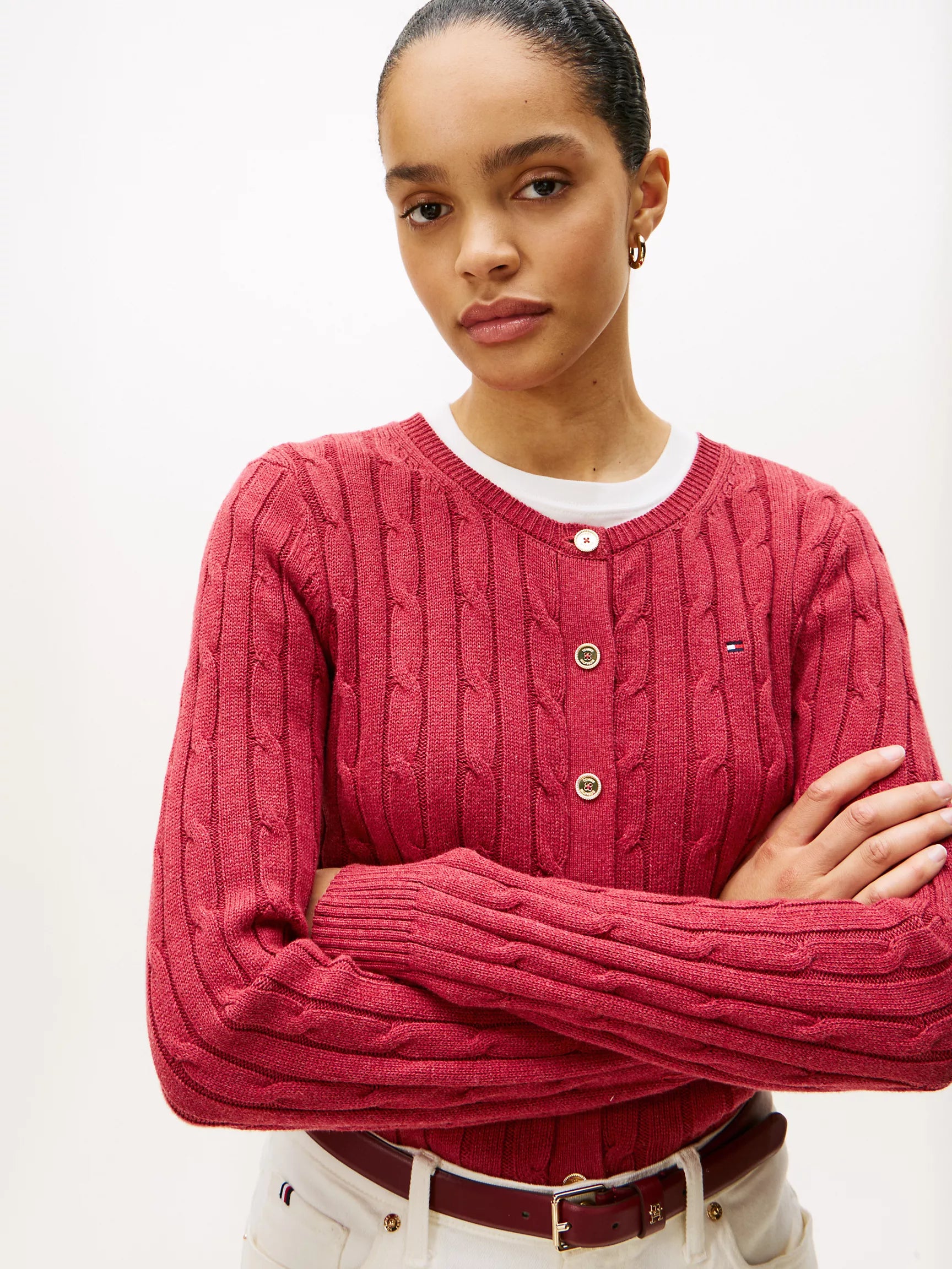 Womens' Tommy Cable Knit Cardigan Red