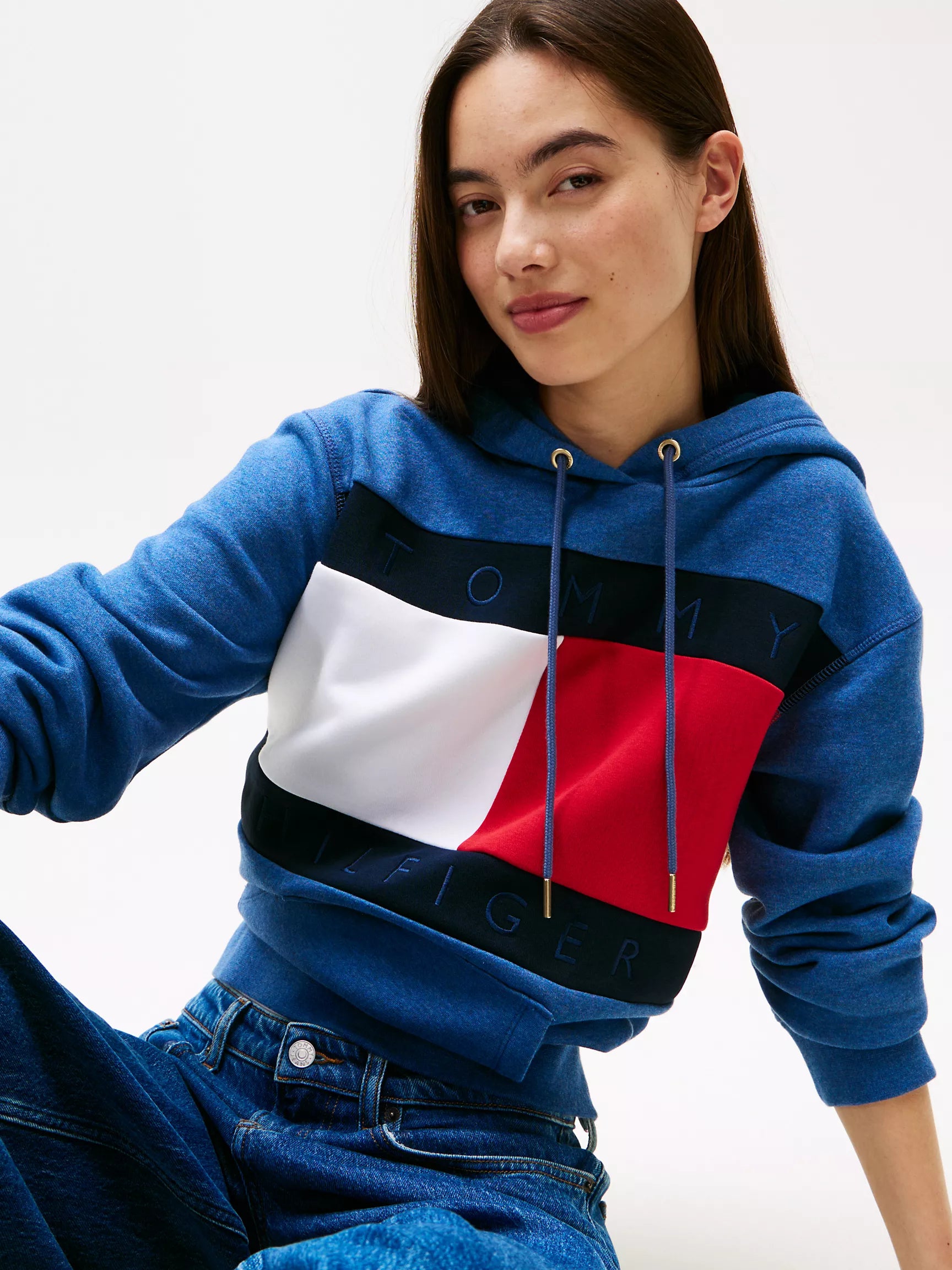Tommy Womens'Bold Flag Logo Hoodie/Faded Indigo Heather
