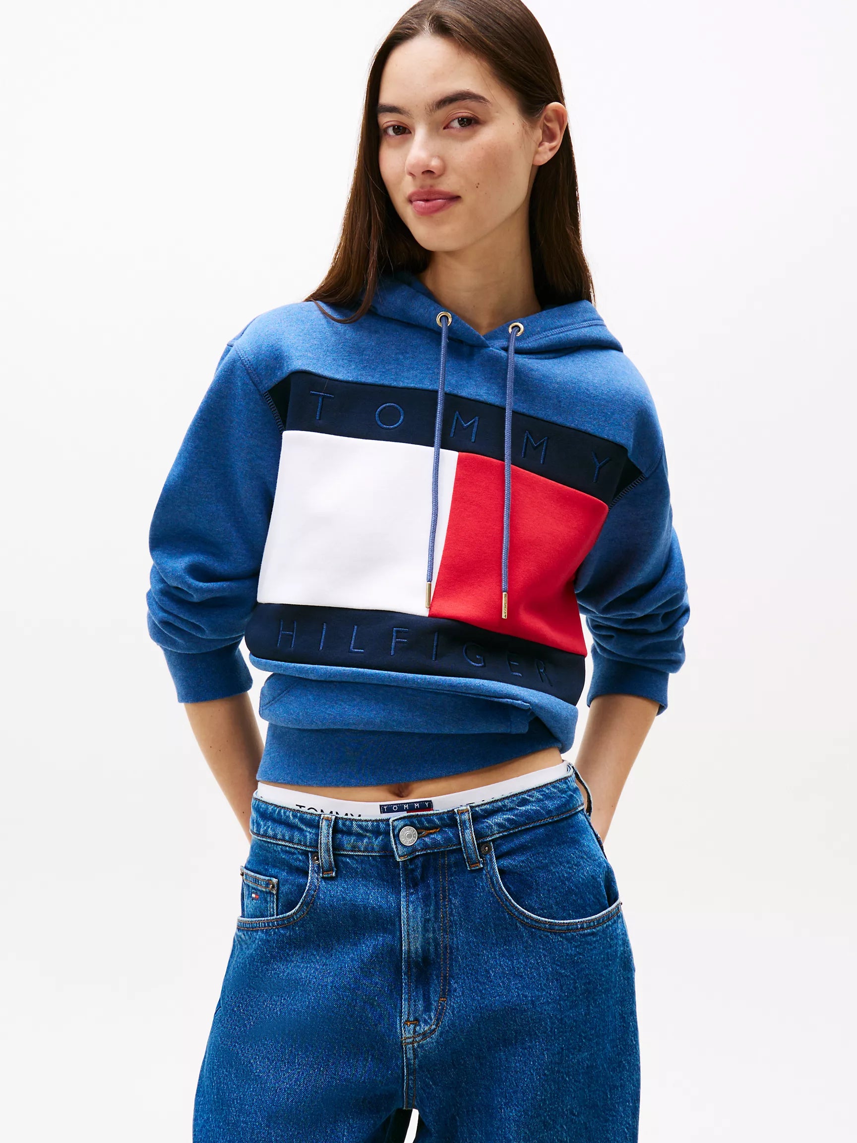 Tommy Womens'Bold Flag Logo Hoodie/Faded Indigo Heather