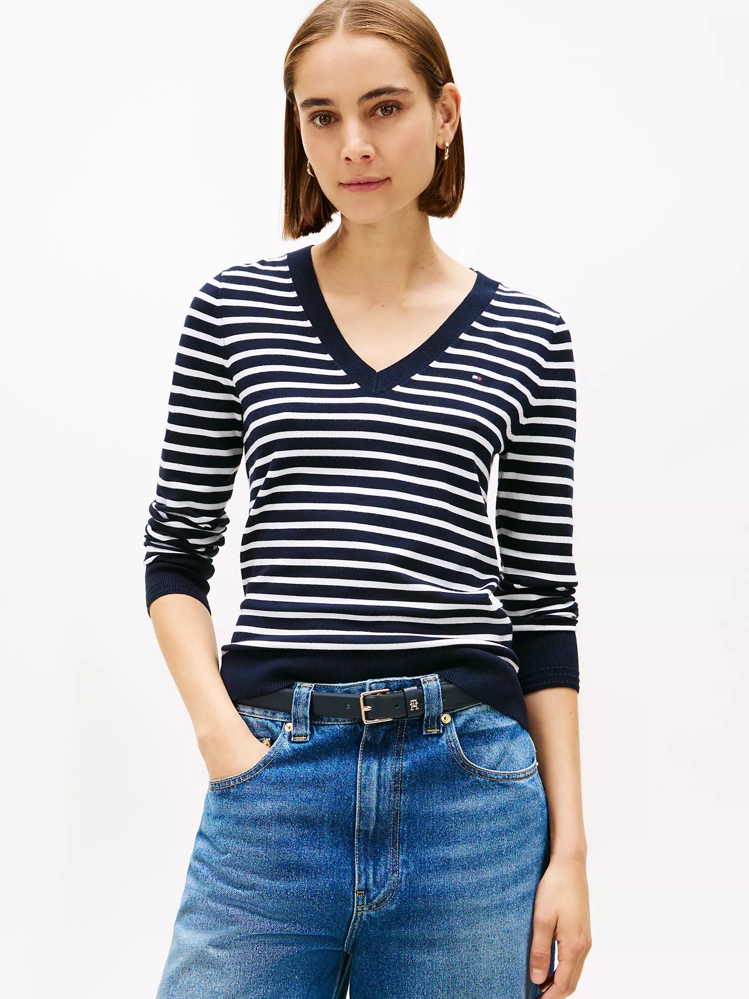 Tommy WOMENS' Stripe V-Neck Sweater Navy Stripe