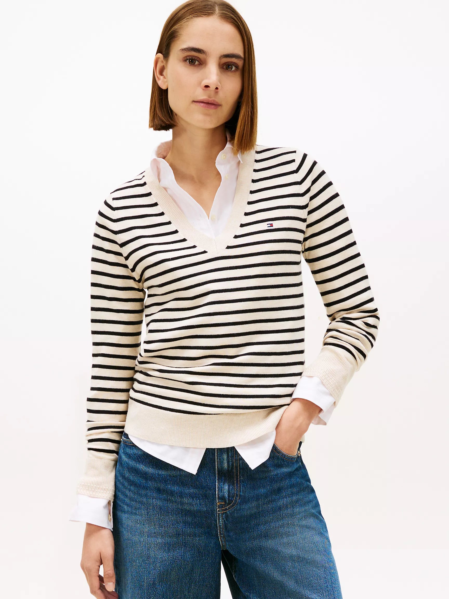 Tommy WOMENS' Stripe V-Neck Sweater Light Beige Heather