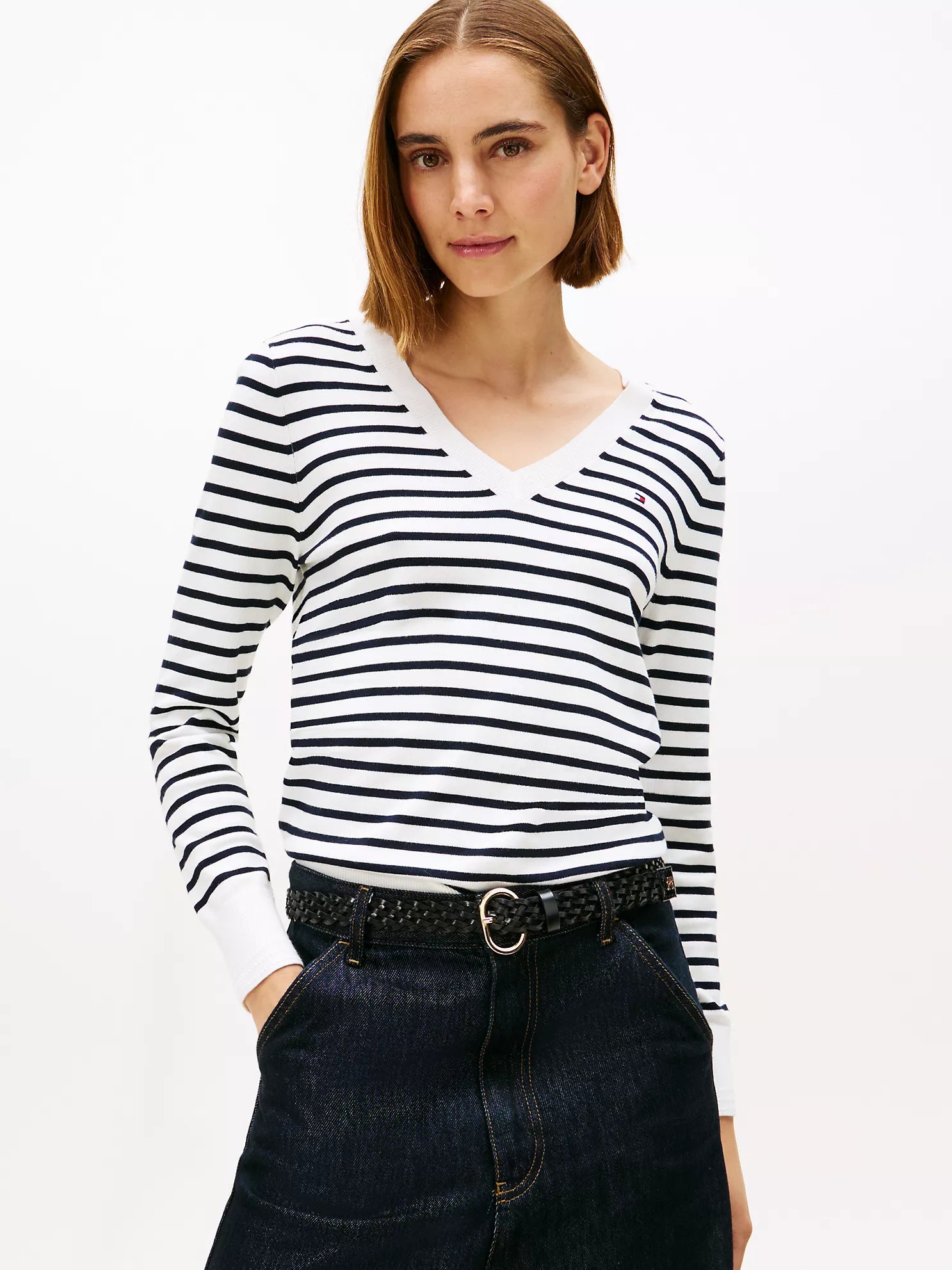 Tommy WOMENS' Stripe V-Neck Sweater Ecru Stripe