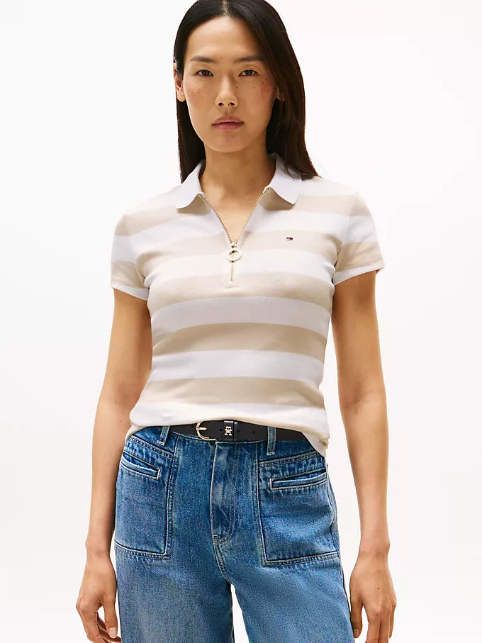 Tommy Womens' Slim Fit Rugby Stripe Zip Polo/Classic Beige Stripe