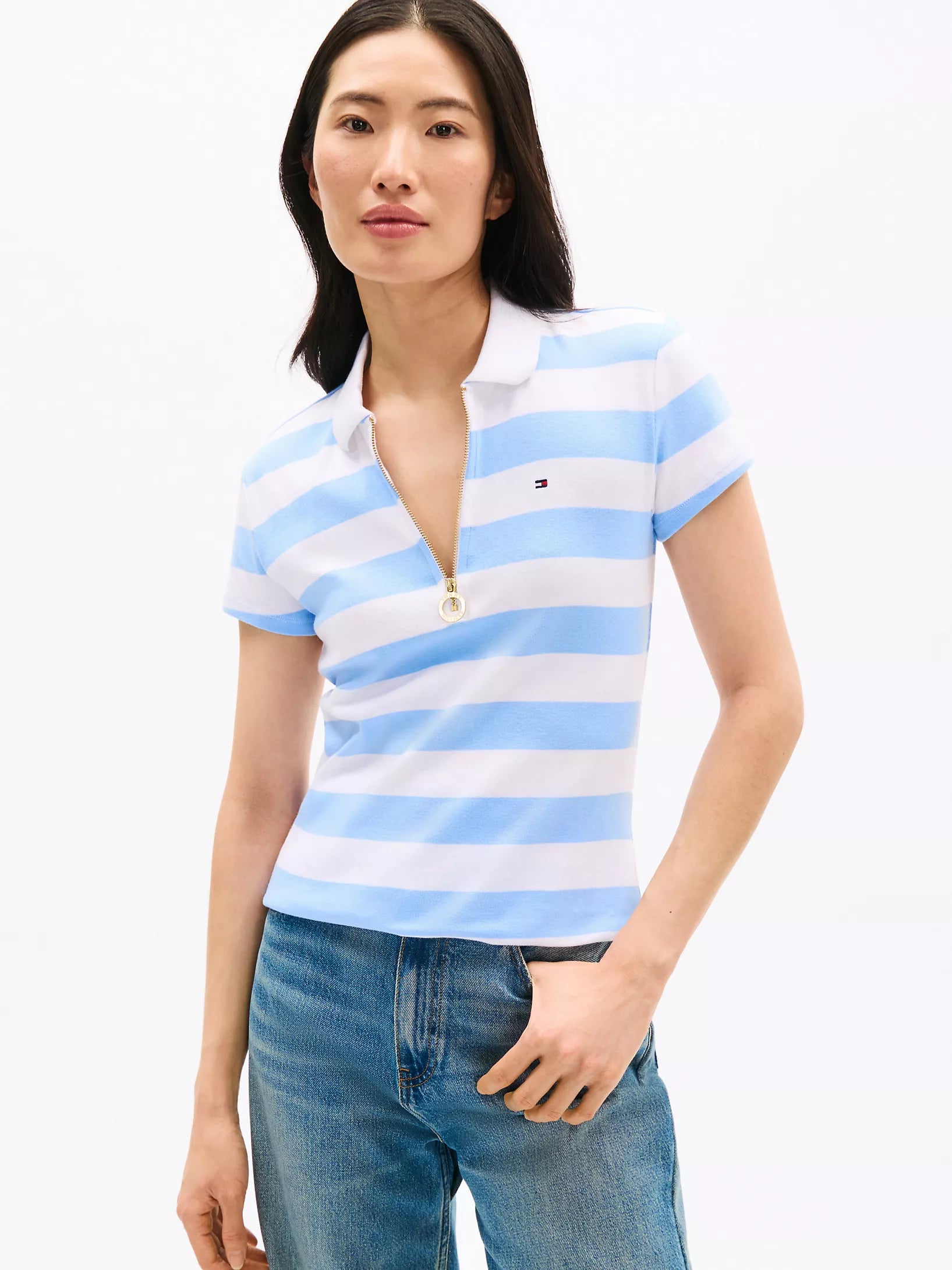 Tommy Womens' Slim Fit Rugby Stripe Zip Polo